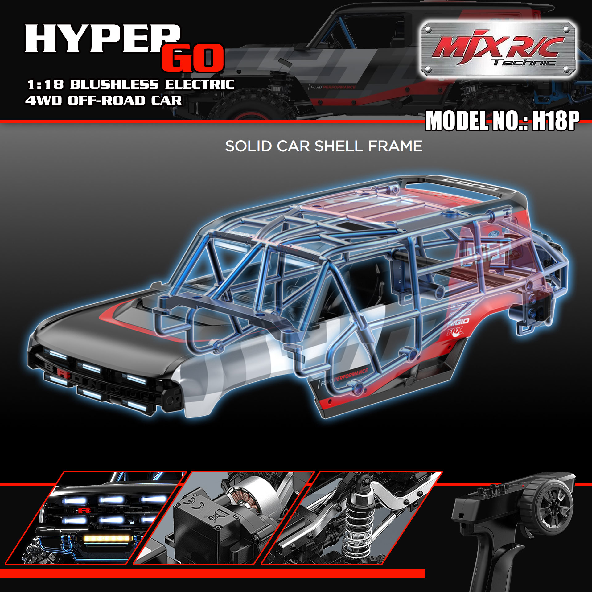 全新 美嘉欣 MJX R/C 1:18 H18P BAJA1000 Ford Bronco R 無刷攀爬車 | 福特授權車殼 | 無刷攀爬車 | 1606 4200KV 無刷馬達 |  DIG 坦克掉頭 | 精美硬殼