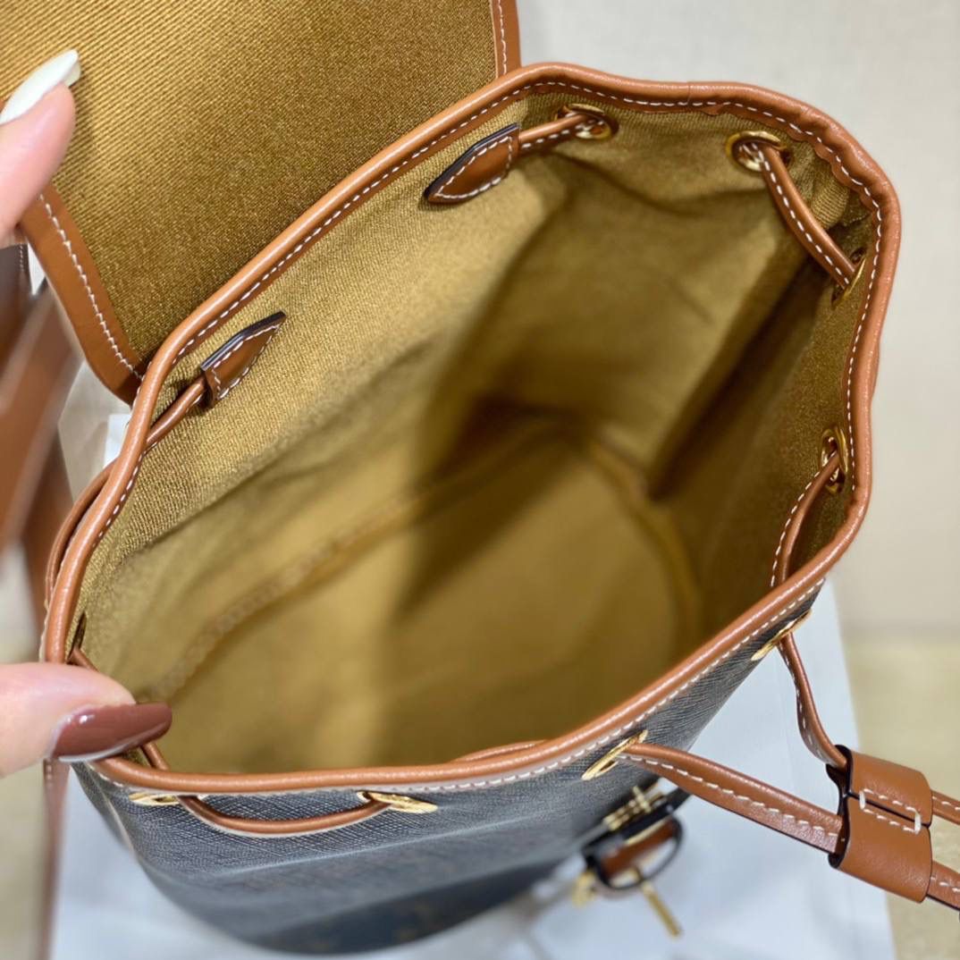 🔥大货实拍图 𝗖𝗘𝗟𝗜𝗡𝗘 ♥𝗧𝗥𝗜𝗢𝗠𝗣𝗛𝗘 𝗖𝗔𝗡𝗩𝗔𝗦 𝗙𝗢𝗟𝗖𝗢 型号：197662 尺寸：17*20*10cm 本命老花mini凯旋门背包🤎复古小巧，实用性设计🔥肩带长度可调节，单肩斜挎都很好看！