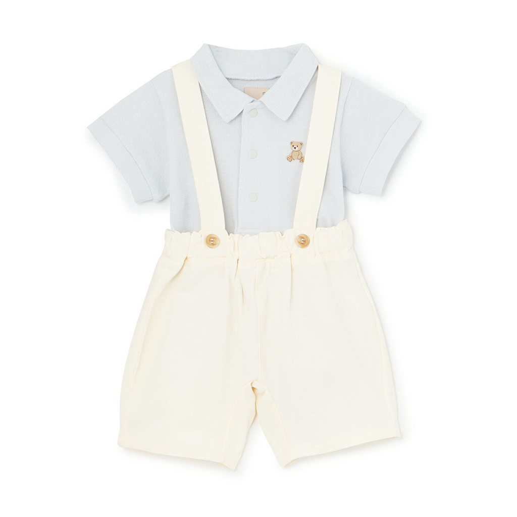 🇯🇵預訂 日本直送🇯🇵Petit Main兩色小熊刺繡翻領短袖包屁衣吊帶褲套裝