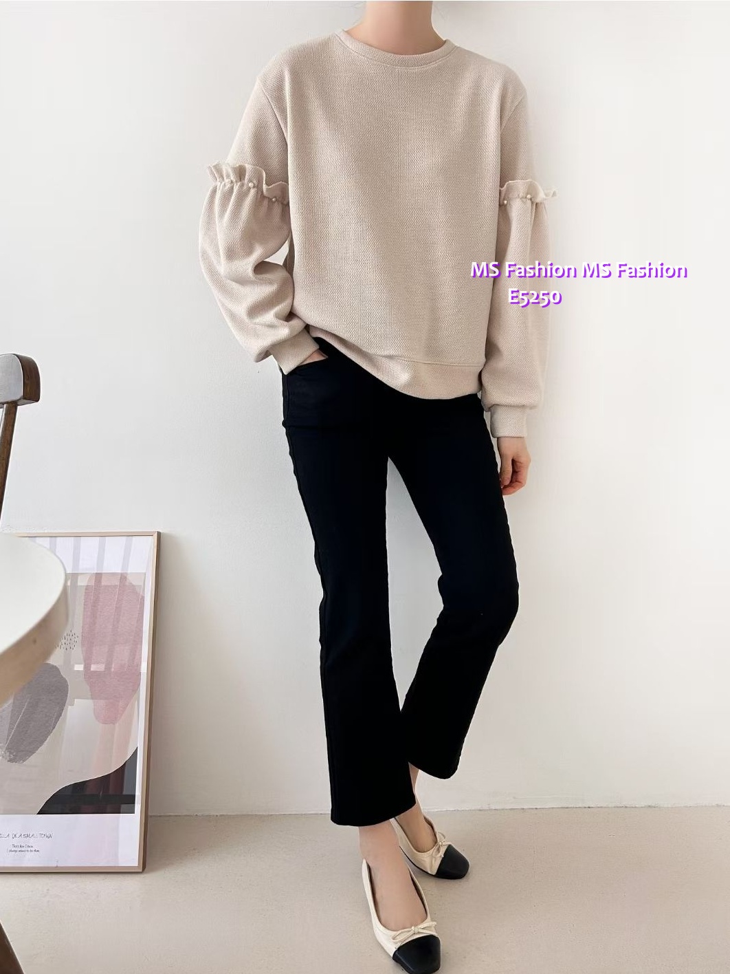 E5250 靚色ruffle袖珠珠top