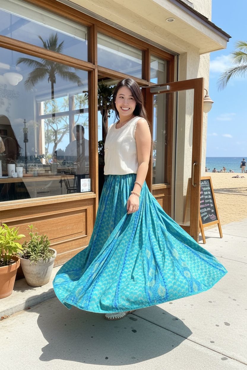 1627 Dreamy Ocean Blue Gold Print Skirt 40"