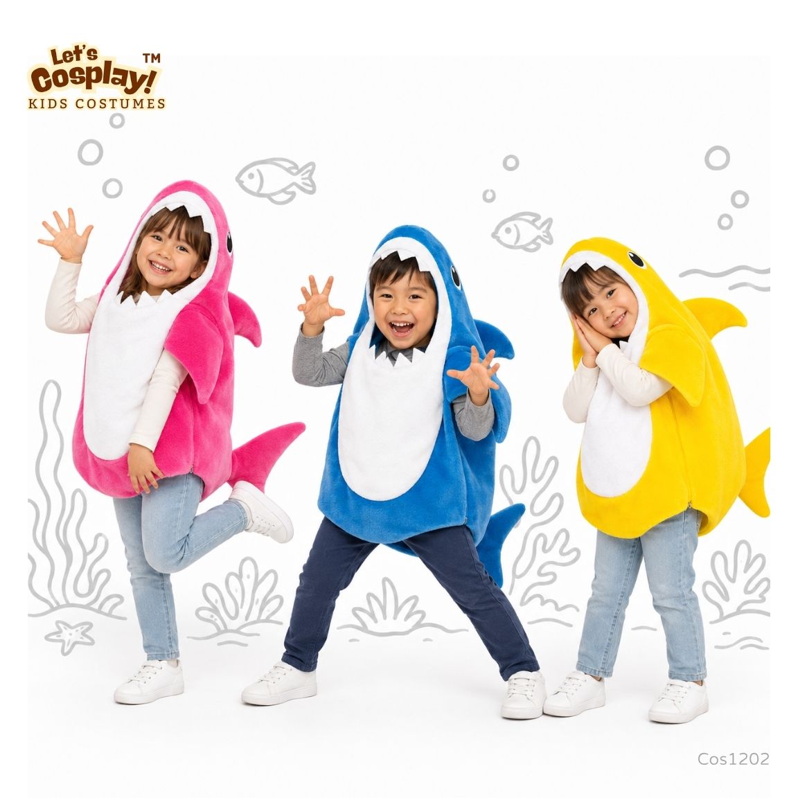童鯊魚造型服｜Baby Shark 主題表演服｜幼稚園海洋動物服裝｜粉紅／藍／黃
