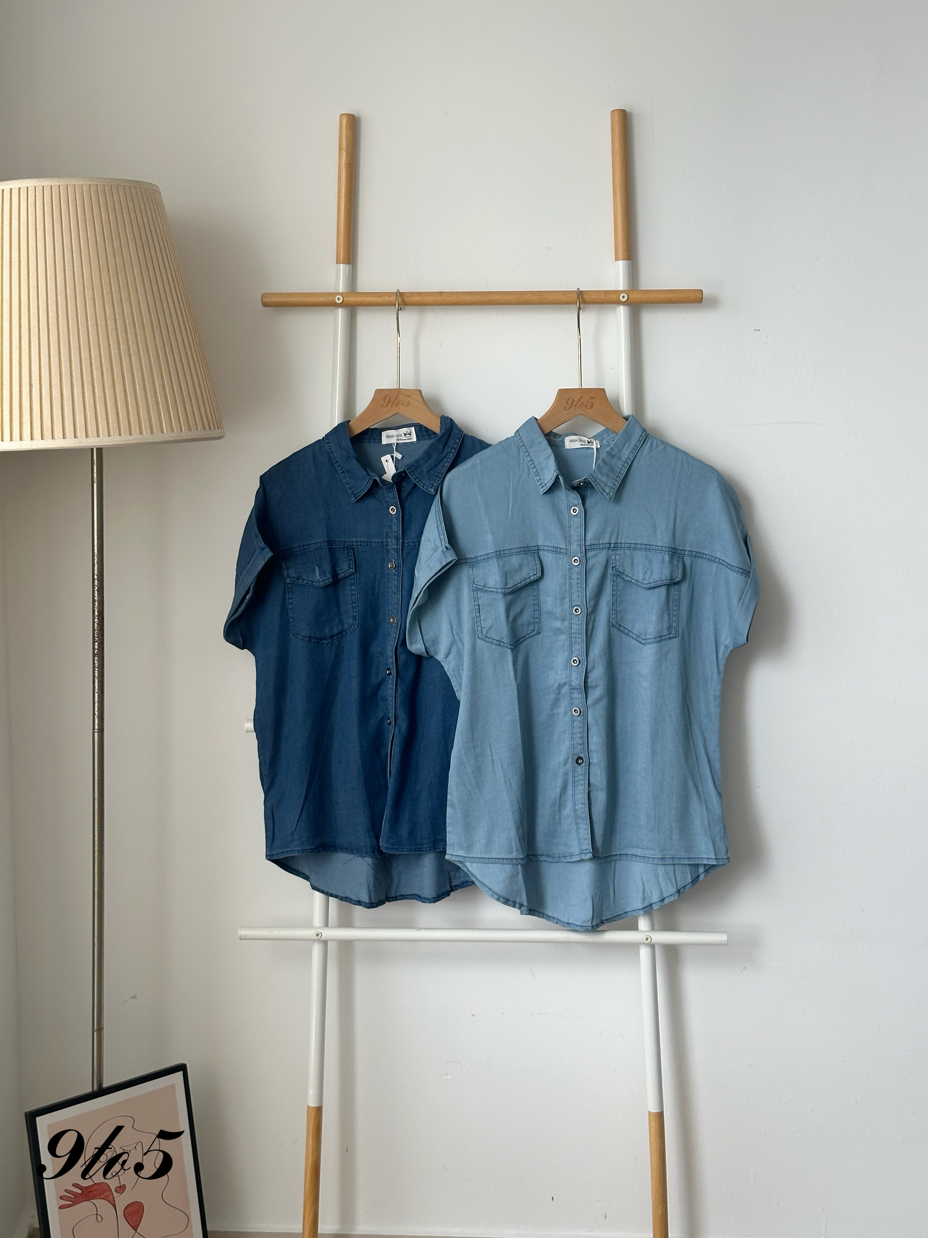 T4103 Cape Sleeve Denim Shirt - Dark Blue & Light Blue