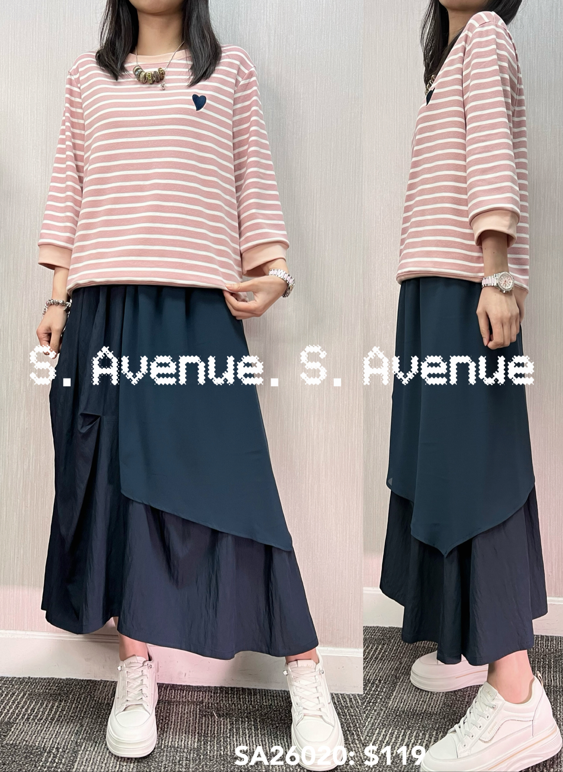 SA26020: 中袖間條繡心心tee