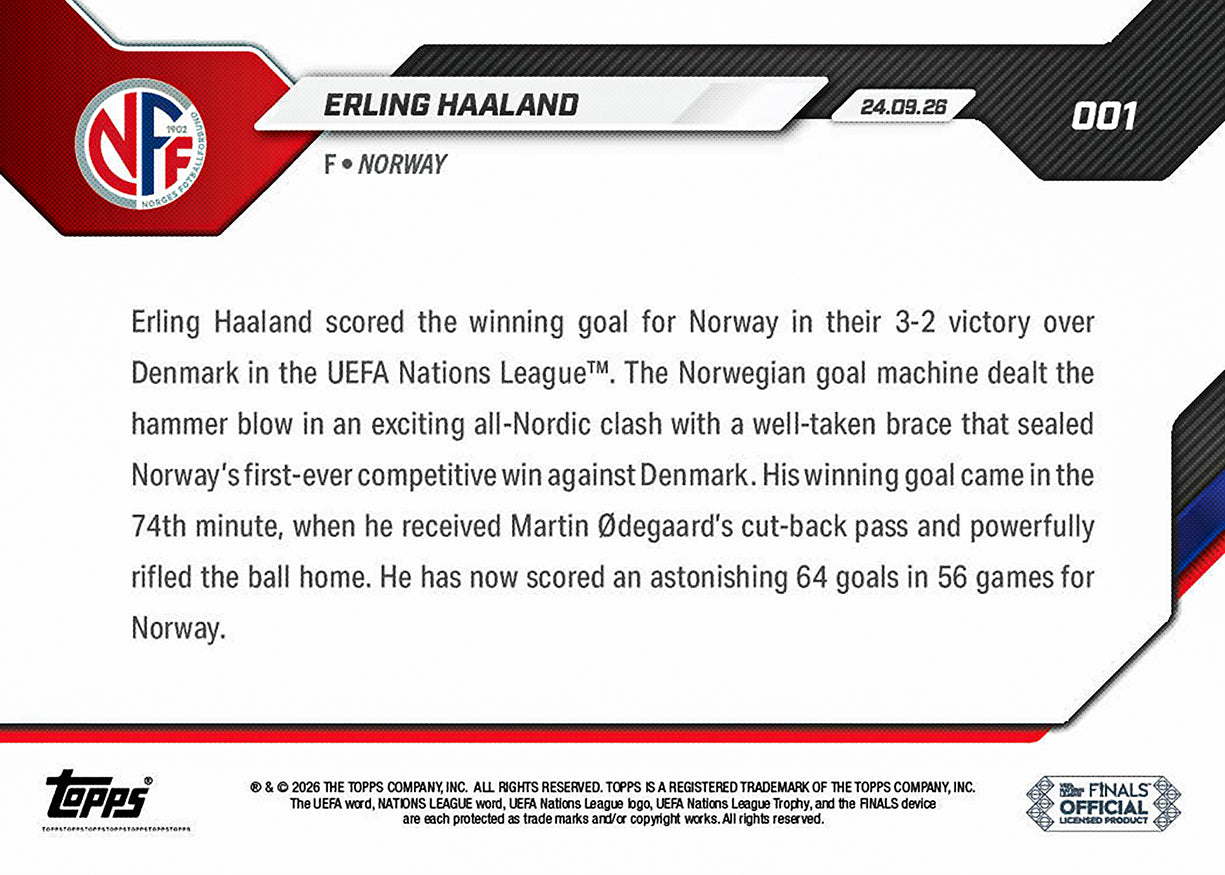 Erling Haaland - 2026-27 UEFA Nations League Topps NOW® #1 北歐打吡奠勝卡【團購】