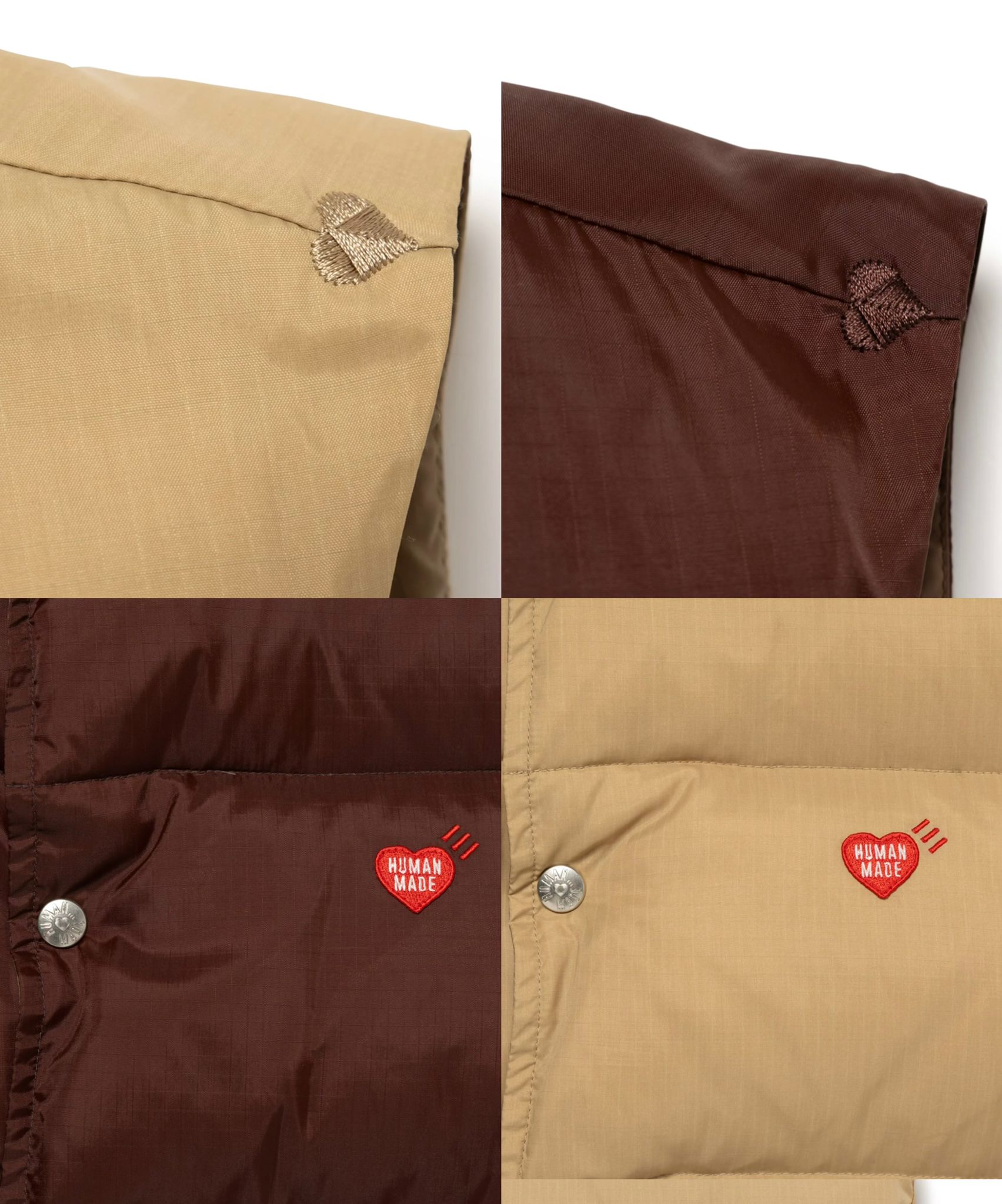 Human made 羽絨背心外套 Brown/ beige 打造溫莎風格不可或缺的羽絨背心 ・選用尼龍防撕裂布料，內部填充羽絨 ・布料輕盈、耐穿，具有質感 ・左胸處飾有心形布貼 ・背部以立體膠印工藝呈現品牌LOGO ・肩部飾有刺繡心形圖案 ・正面配有壓印品牌LOGO的按扣