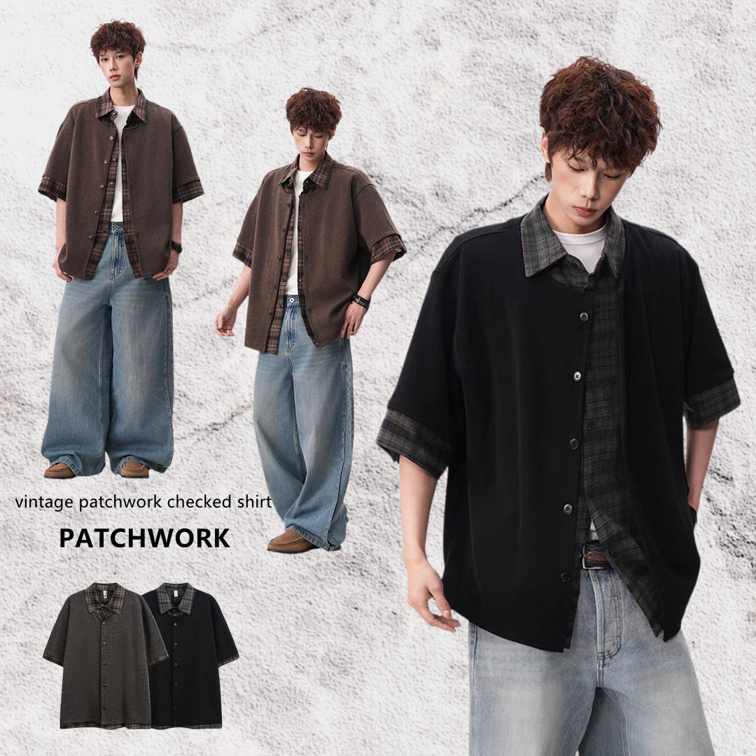 W2712格仔拼接假兩件短袖襯衫