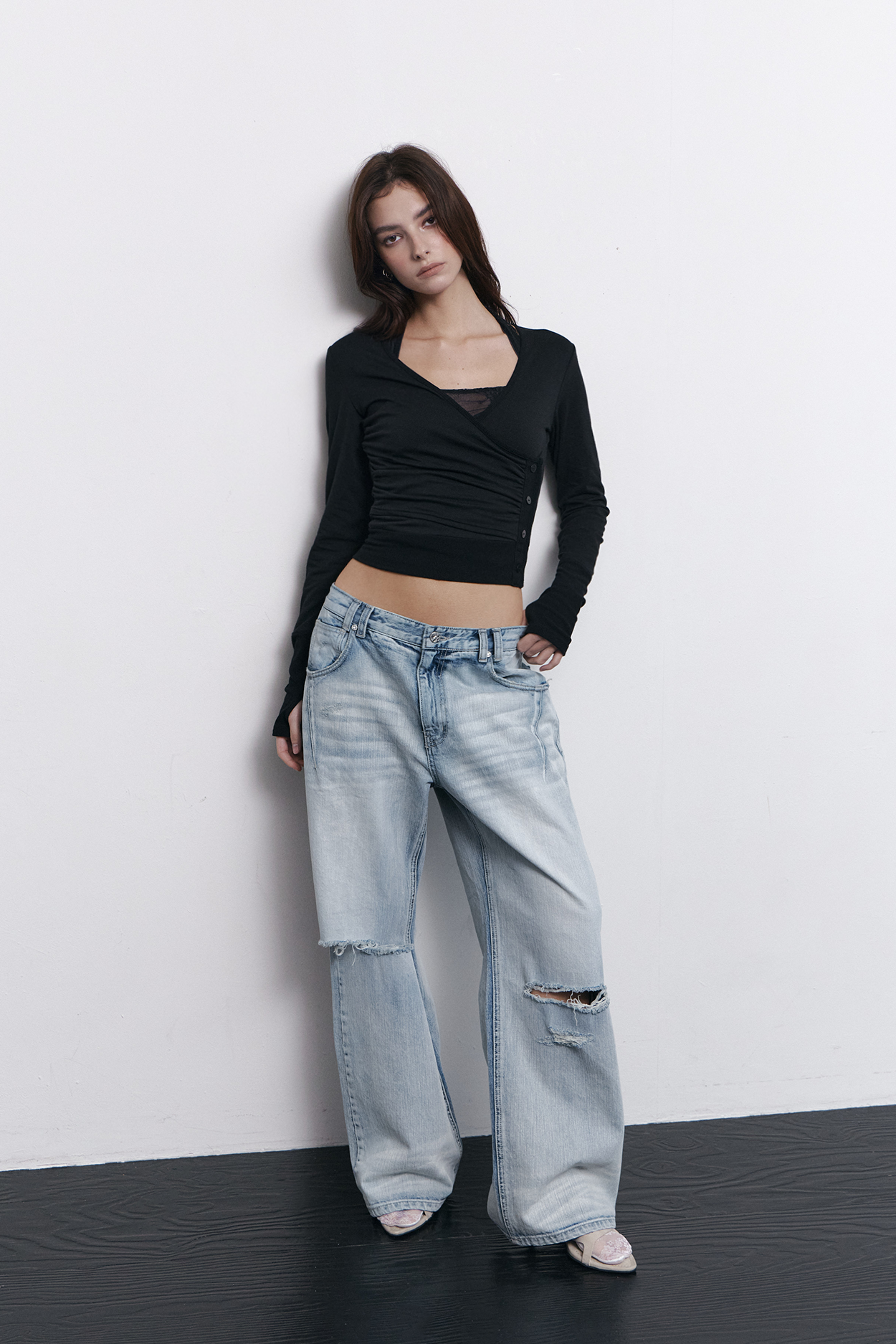 pleaseNOFOLLOW - Selena Button Wrap long sleeve Top (Black)