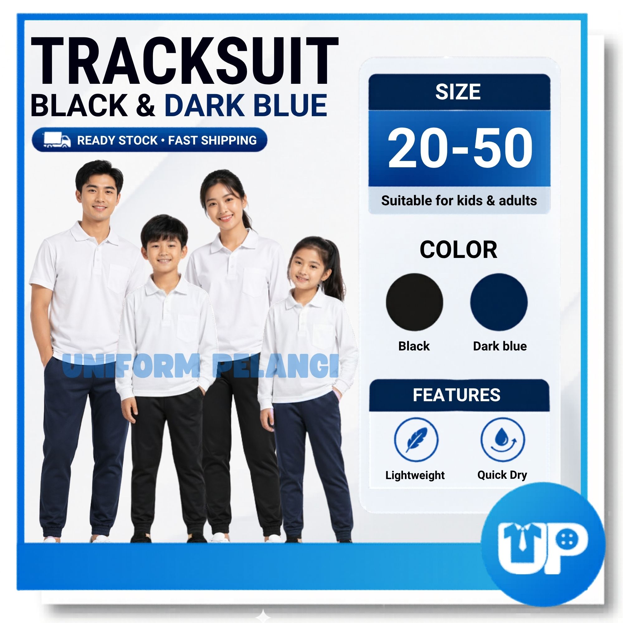 Tracksuit Seluar Sukan Sekolah Pra Kanak-Kanak Lelaki Perempuan Hitam Biru Elastic Kaki Cekak Getah