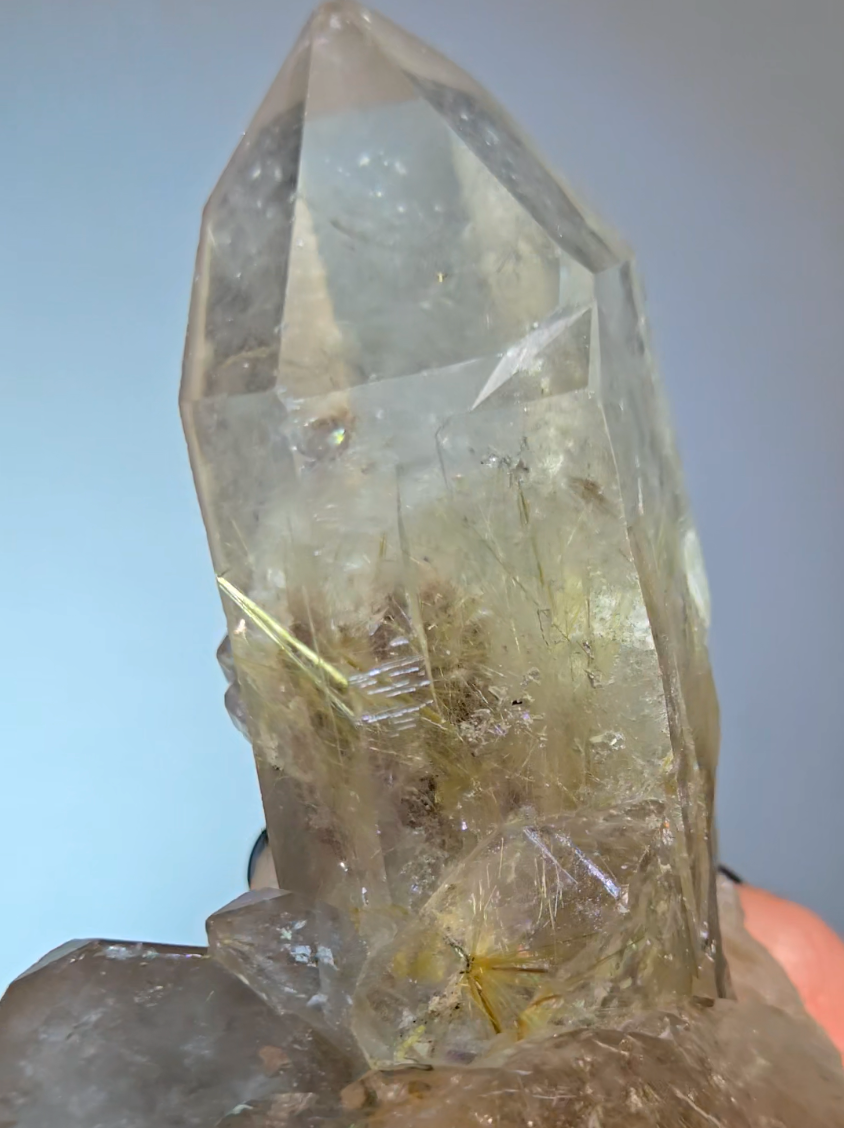 Golden starburst rutiles on black hematite in quartz - RT1429