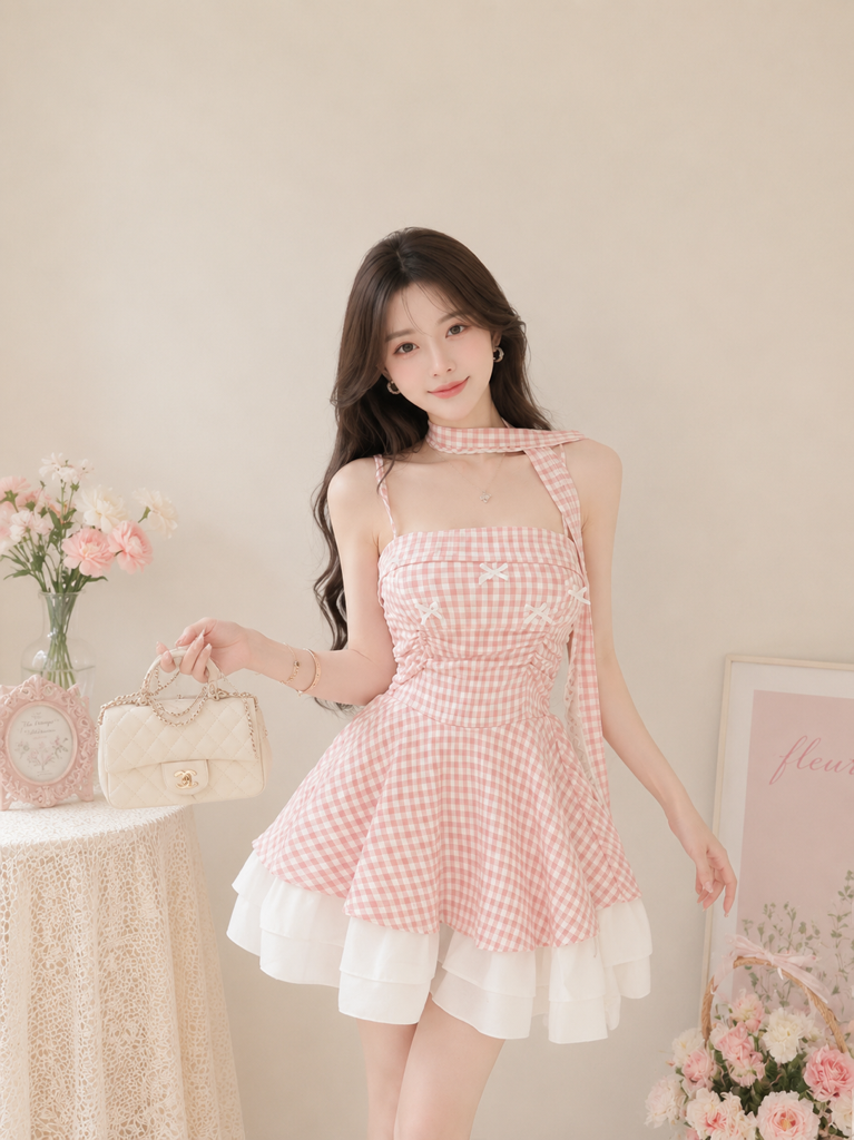 A031149 Sweet Bow Gingham Tiered Mini Dress