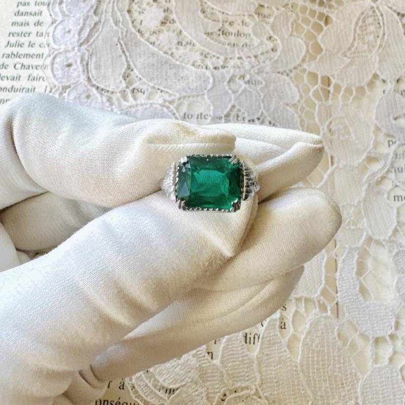 European Mid-Century Art Deco Style Faceted Emerald Glass SIlver Tone Ring - HK ring size 10 （AX145）