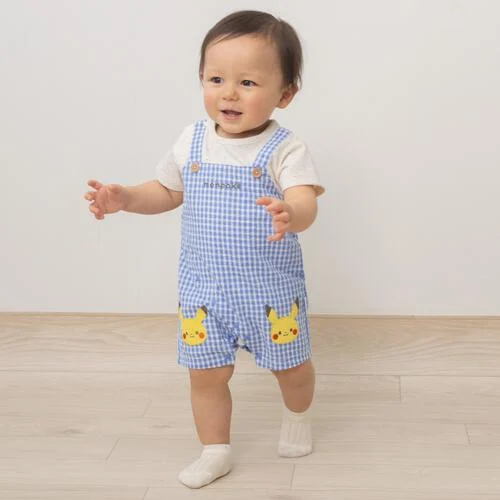 🇯🇵預訂 日本直送🇯🇵Monpoke比卡超刺繡貼花藍色格紋吊帶短袖連身服