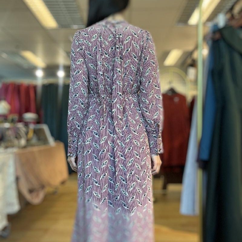 Vintage 1990-2000 Patterned Tie-Collar Ankle Length Day Dress(PP001-17)