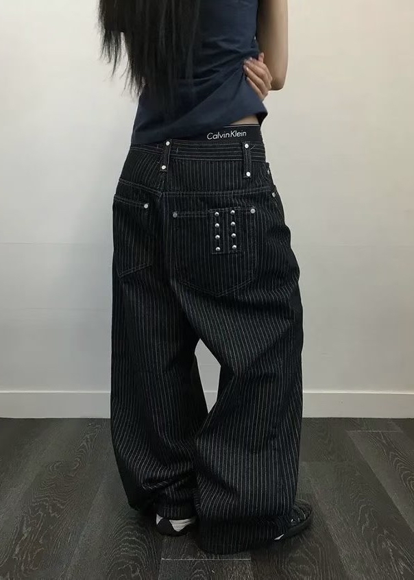 Studded Stripe Wide Denim Pants
