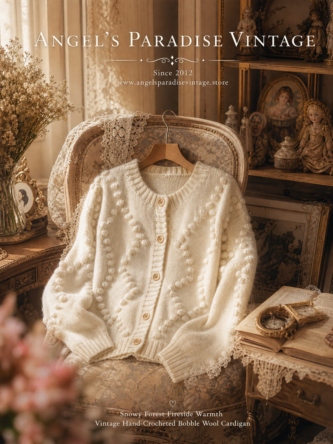 雪國森林的壁爐暖意 ∙ 鉤織立體波紋古董羊毛冷外套 Snowy Forest Fireside Warmth ∙ Vintage Hand-Crocheted Bobble Wool Cardigan