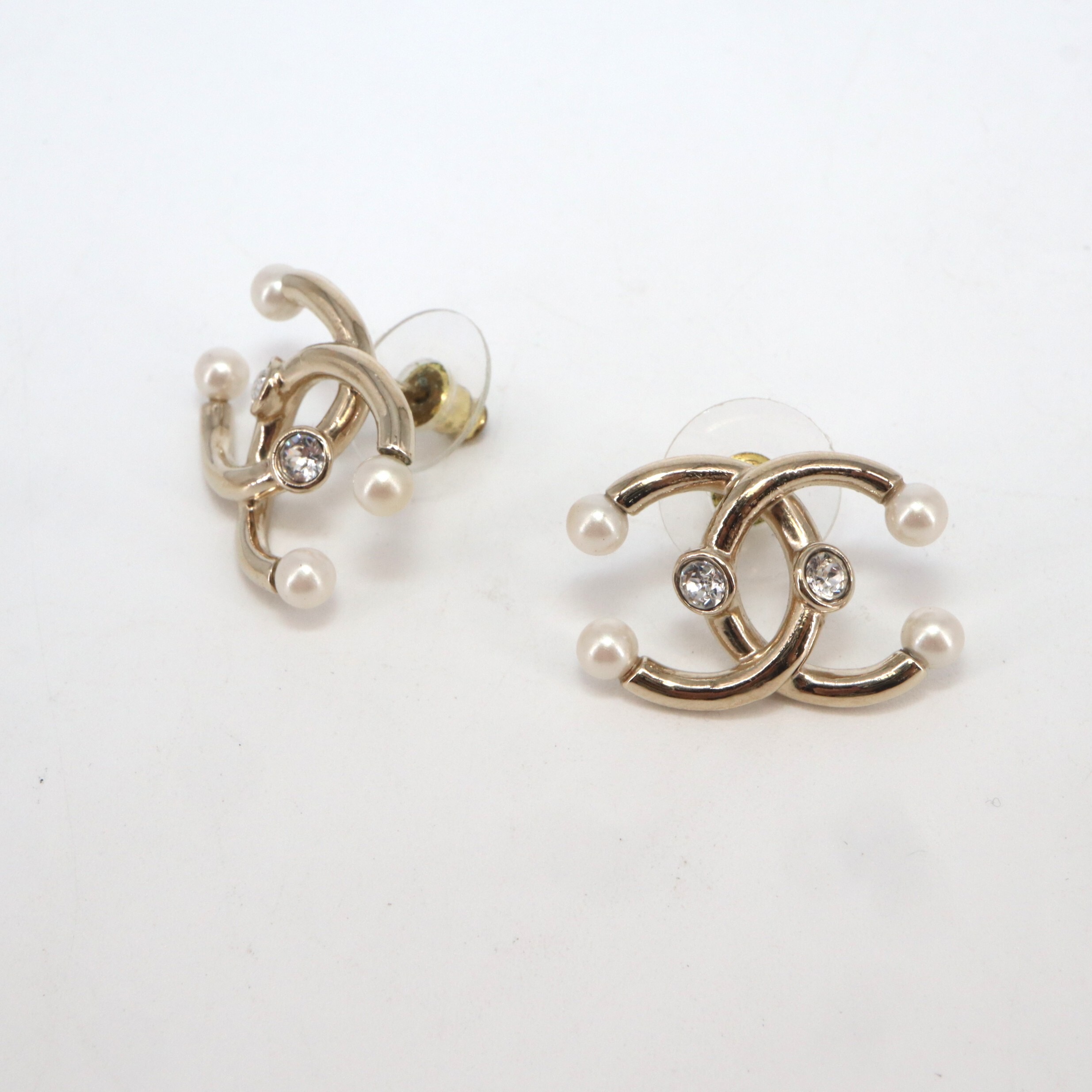 Chanel Coco Mark Rhinestone Faux Pearl Piercing Earrings