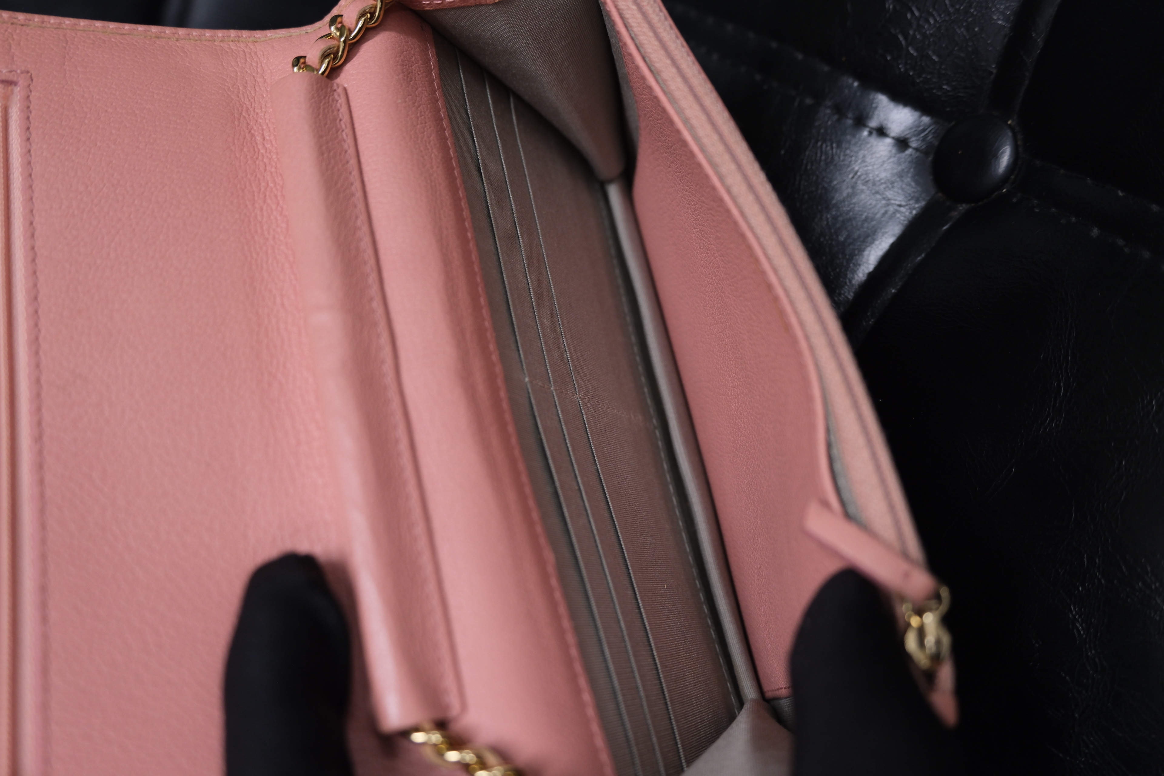 Chanel Camelia Leather Chain Wallet Pink Gold