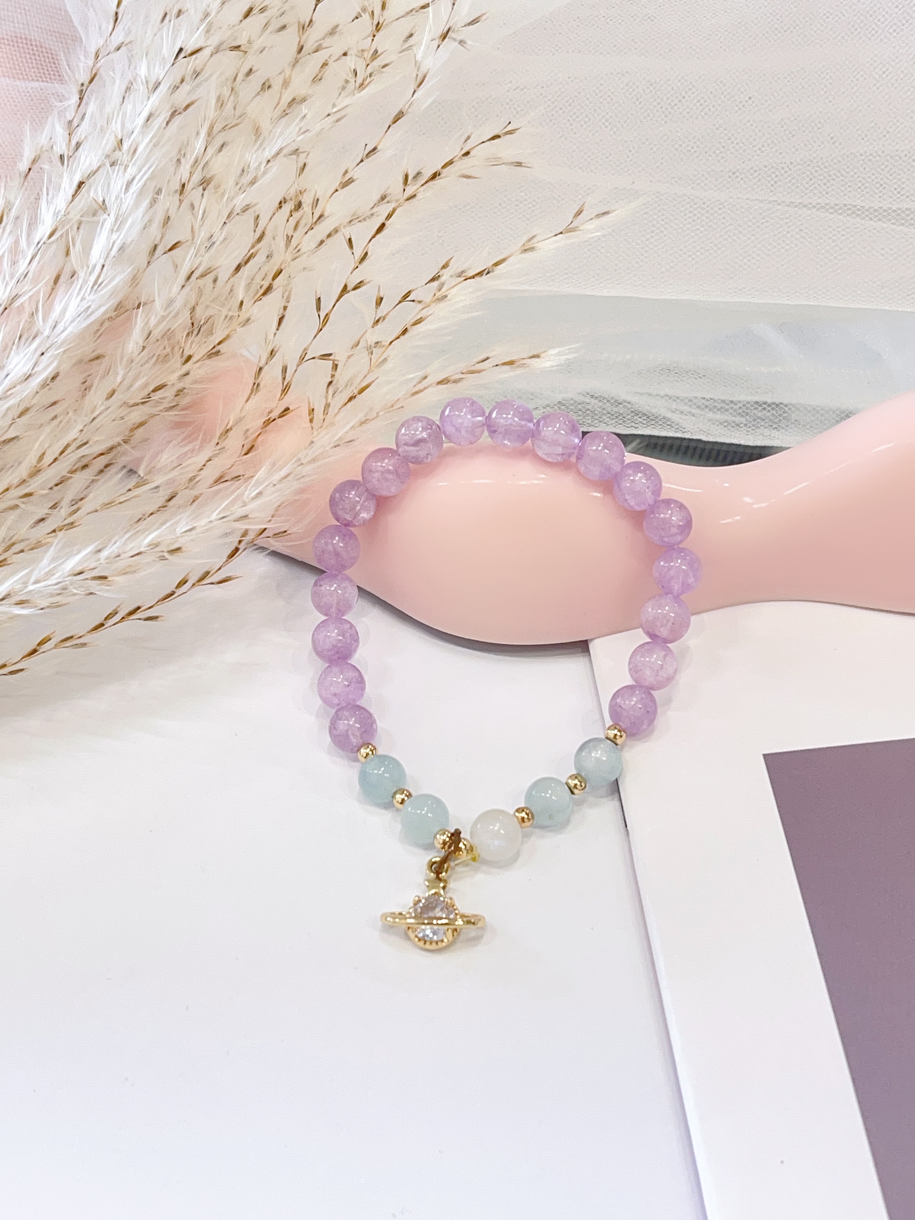 💜🌊🌙 薰衣草紫水晶 × 海蓝宝 × 白月光手串 Lavender Amethyst, Aquamarine & Moonstone | 6/7mm 