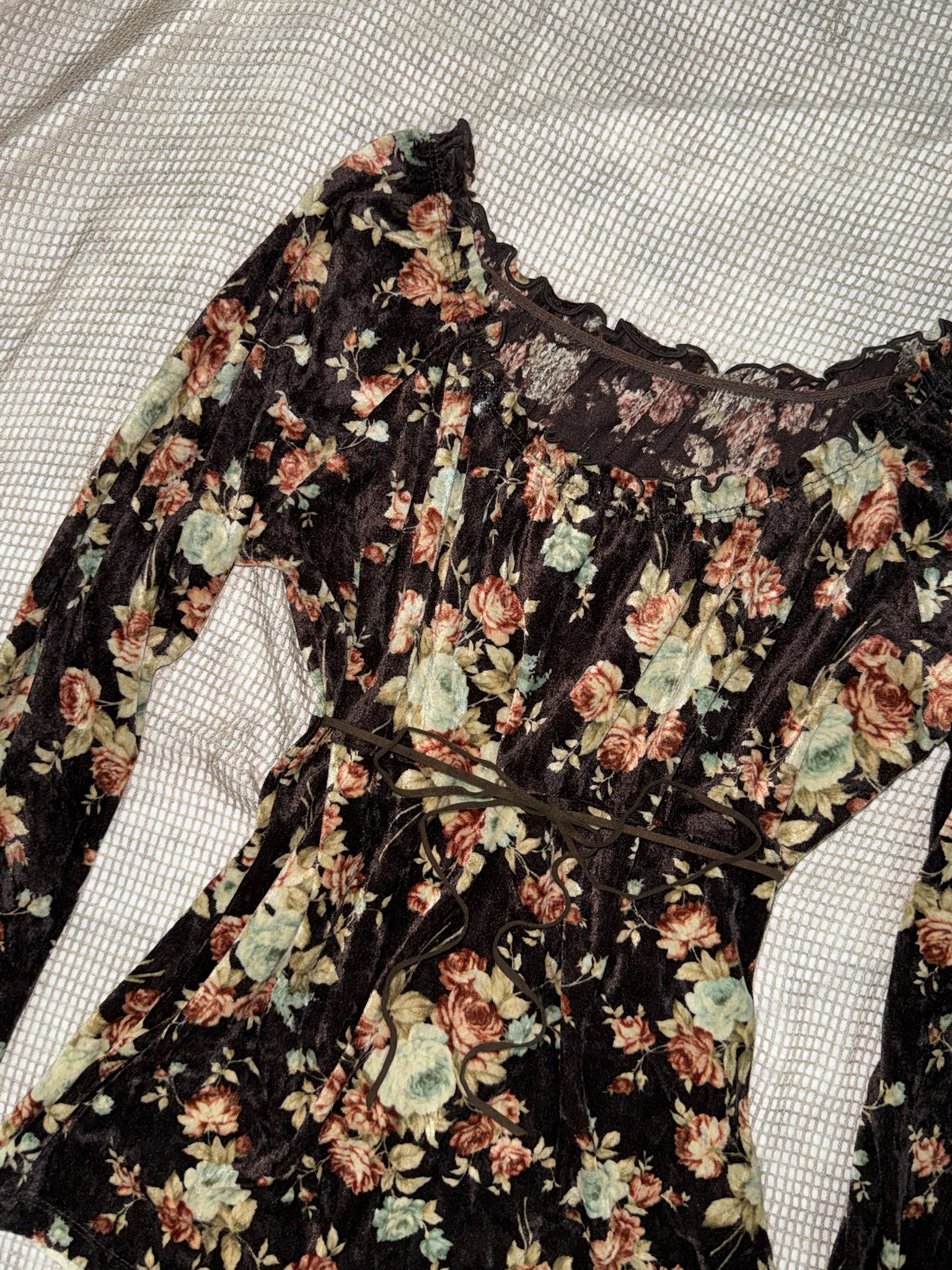 Floral Long Sleeve Mesh Blouse with Tie Waist