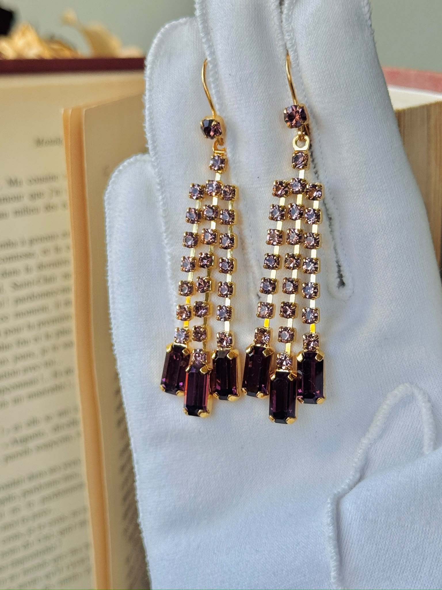 1980s Czechoslovakian New Old Stock Purple Rhinestone Hook Earrings (NZ131)