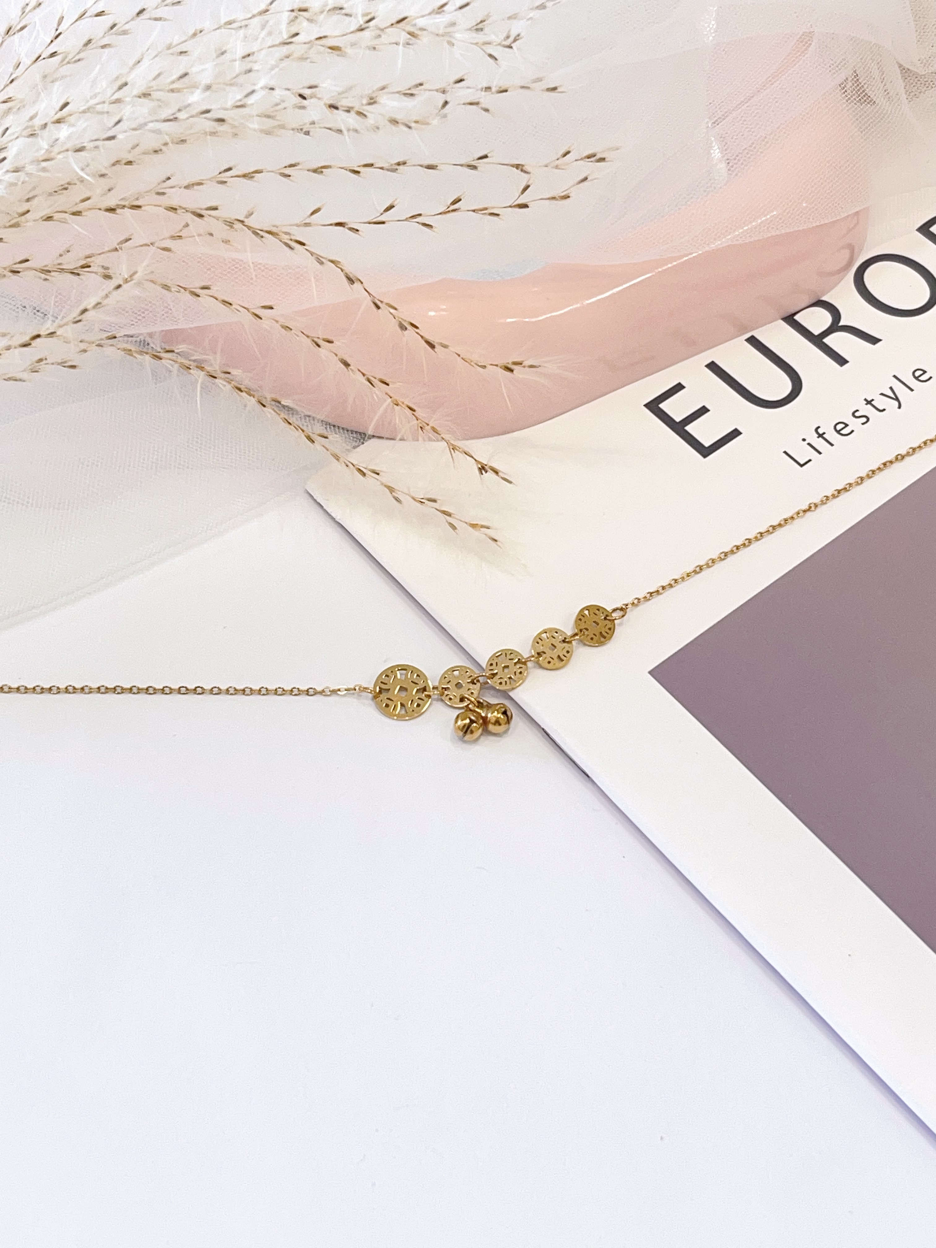 新中式铜钱钛钢脚链