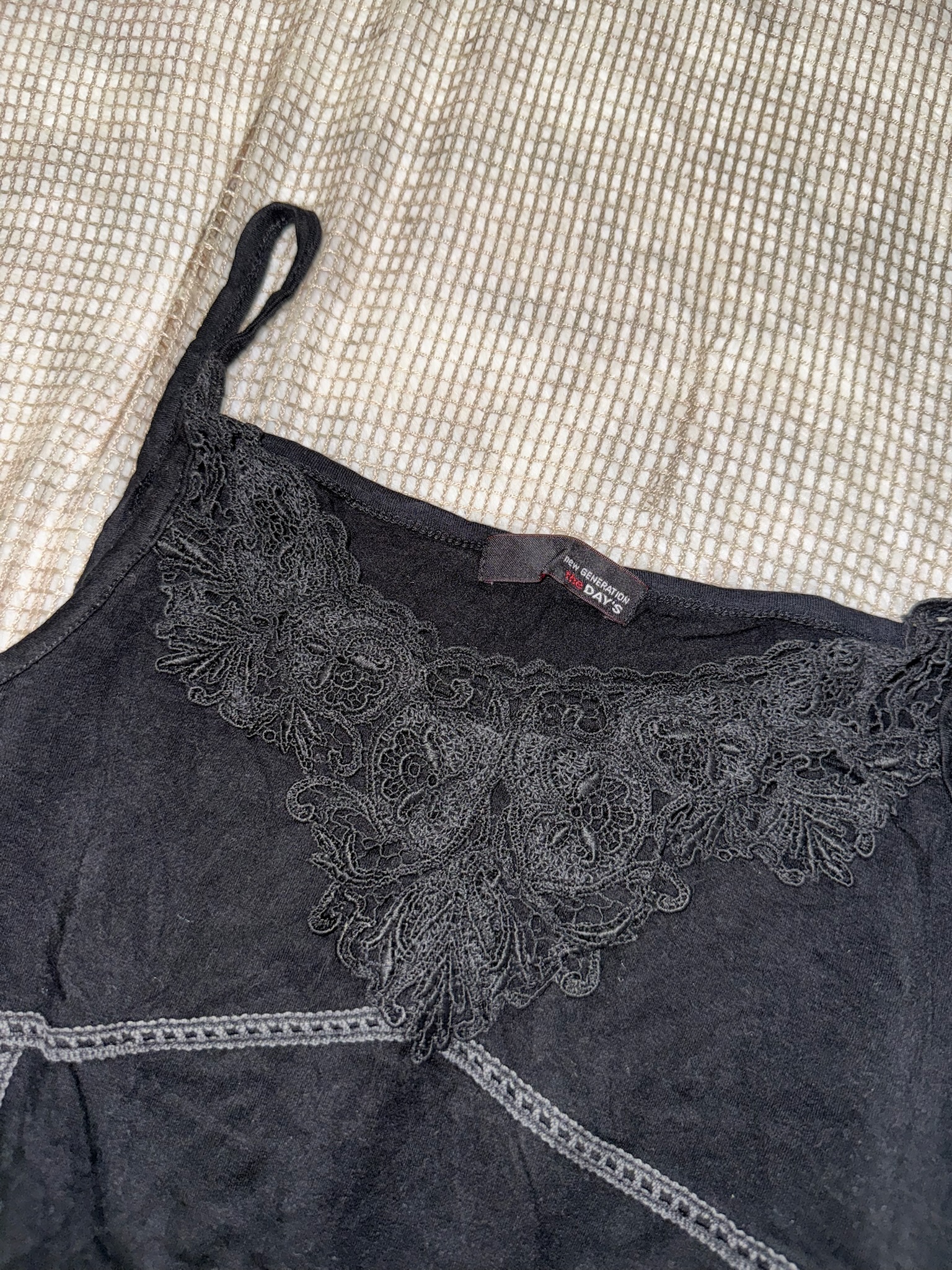 Grunge Black Cami Top with Contrast Stitching & Lace