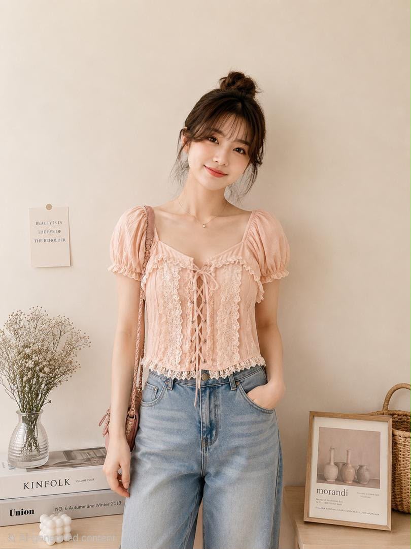 A012302 Korean Sweet Puff Sleeve Crop Top