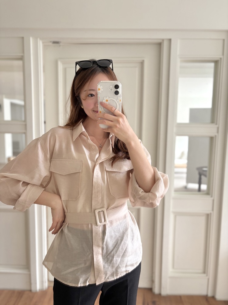 Feminine Belted Pocket Blouse (Pink)