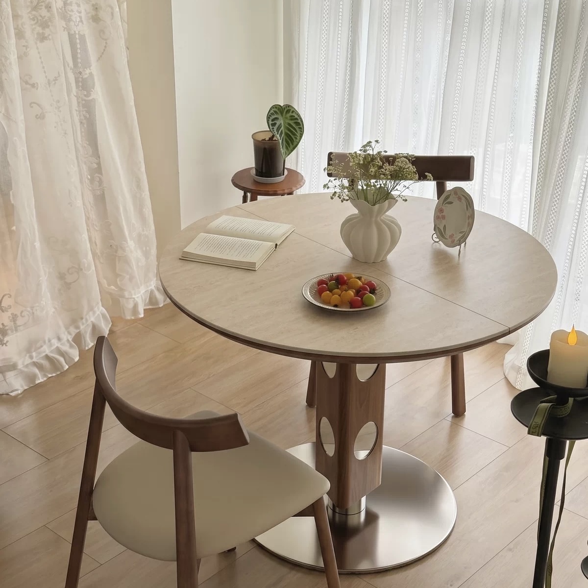 家用細單位方變橢圓岩板餐枱 中復古風 可伸縮摺疊實木食飯枱 Dining table