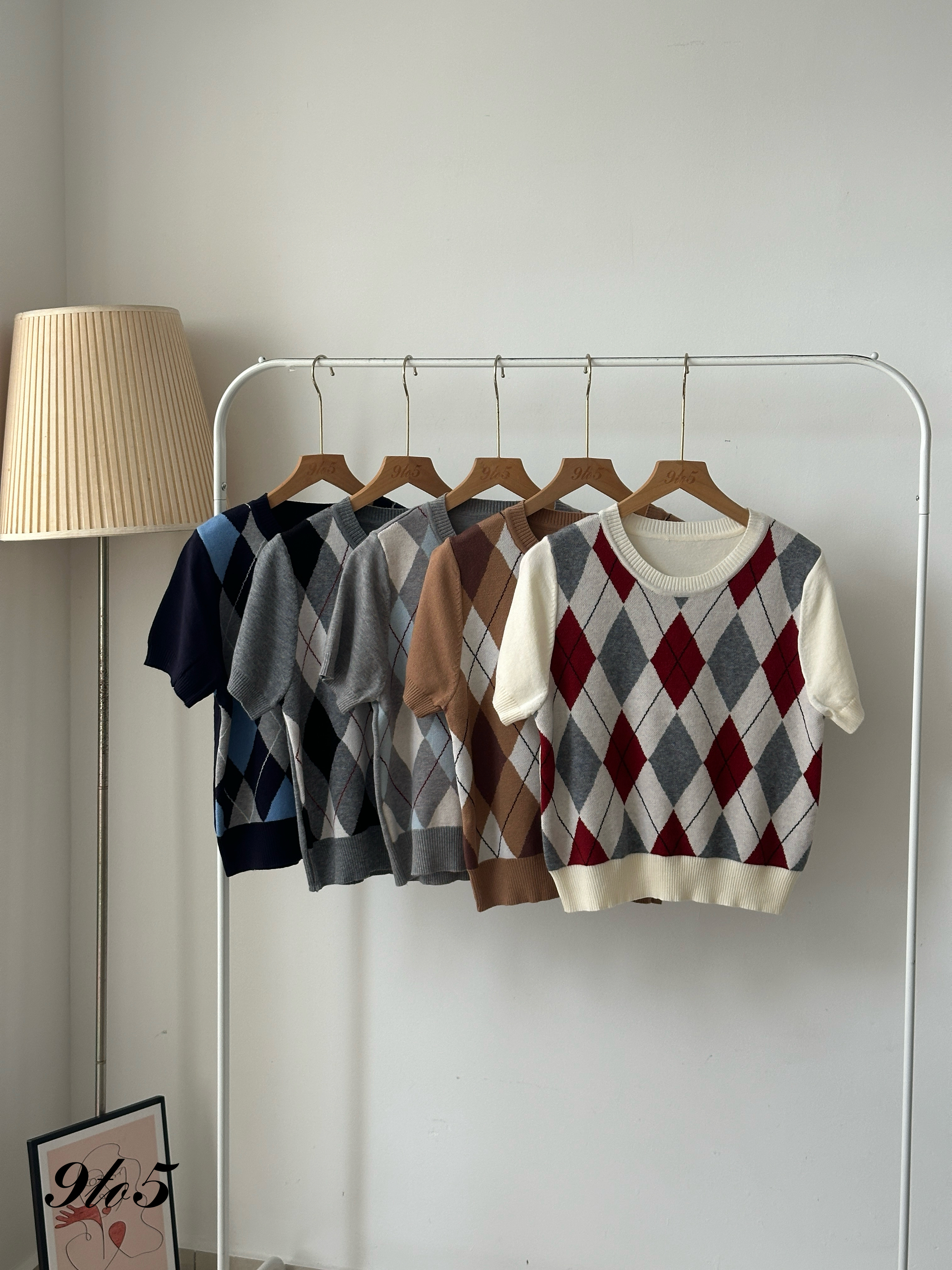 T4005 Argyle Knit Short Sleeve Top - 5 Colors 