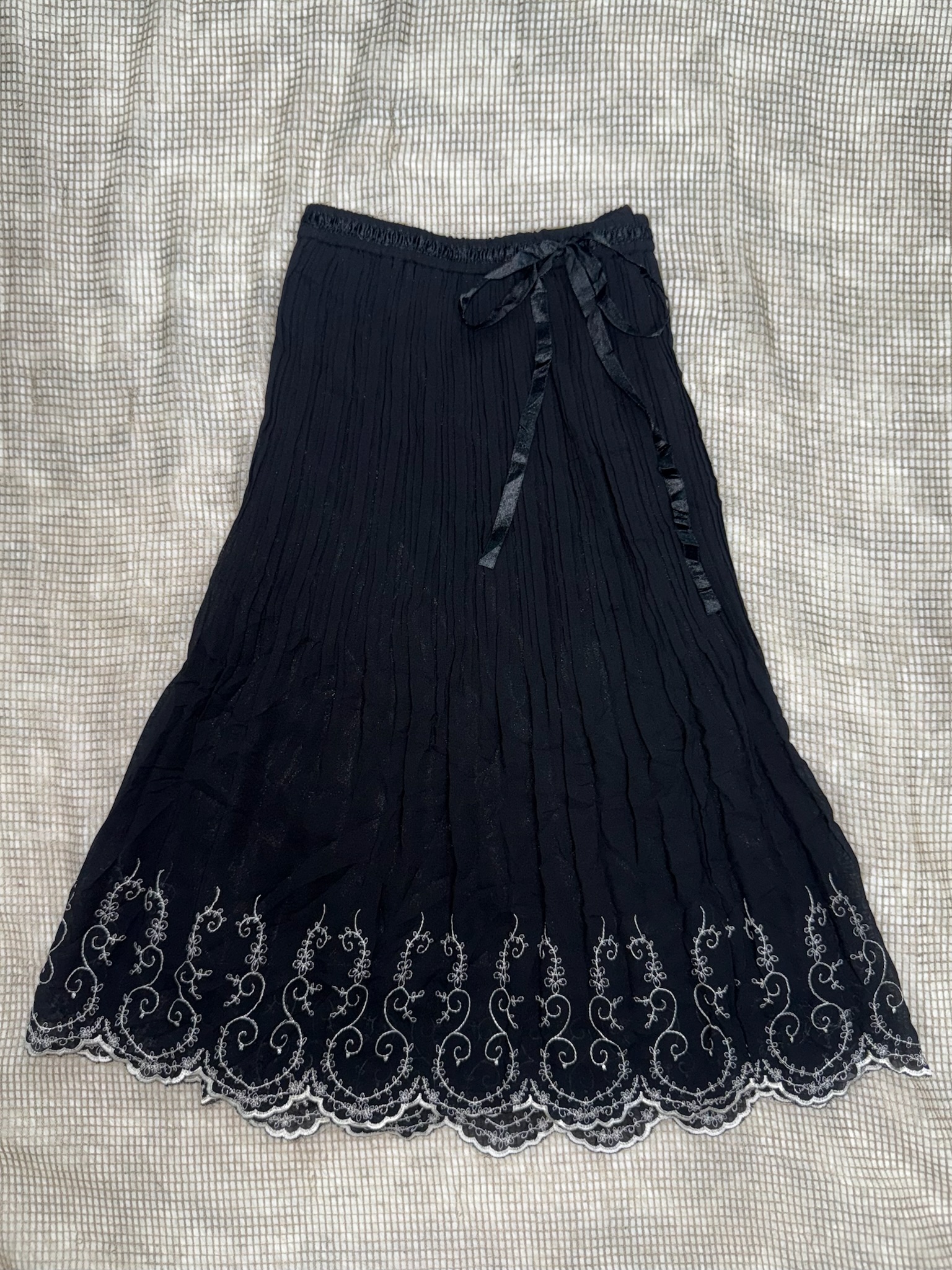 Black Satin Ribbon Tie Lace Hem Chiffon Long Skirt 