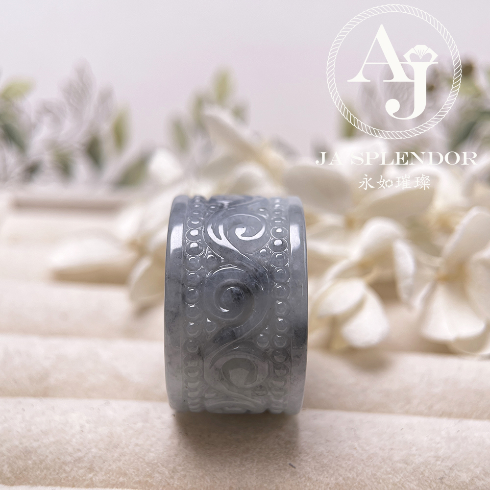 JR-199 天然翡翠A玉 烏鷄芝麻復古回紋雕花扳指