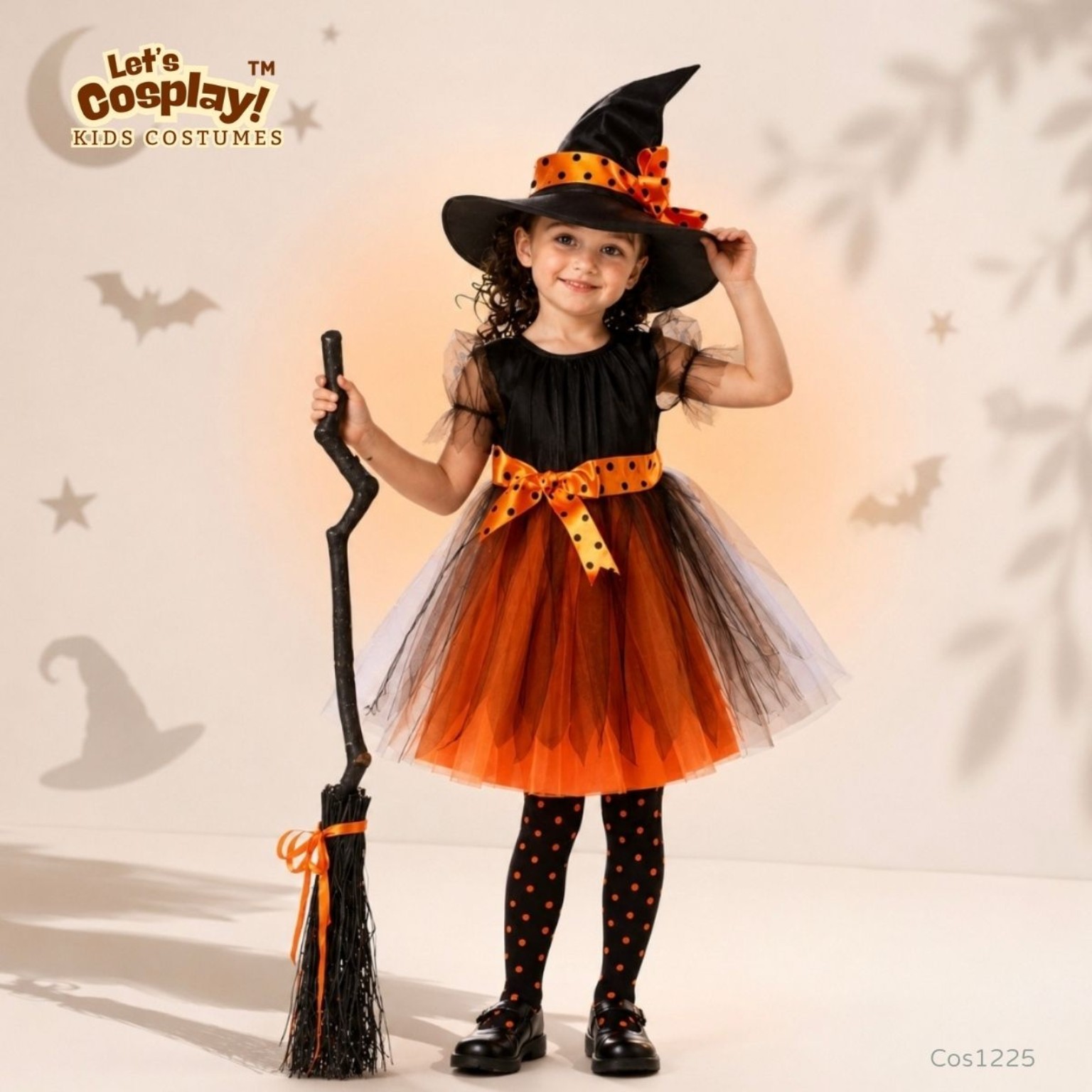 兒童萬聖節女巫主題服裝 橙黑女巫帽連身裙 Kids Witch Costume