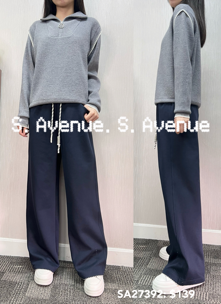 SA27392: 長袖拉錬領袖繡邊假兩件top