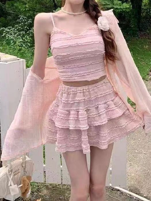 A150763 Dopamine Style Casual Two-Piece Set with Sexy Cami Top and White Tiered Mini Skirt