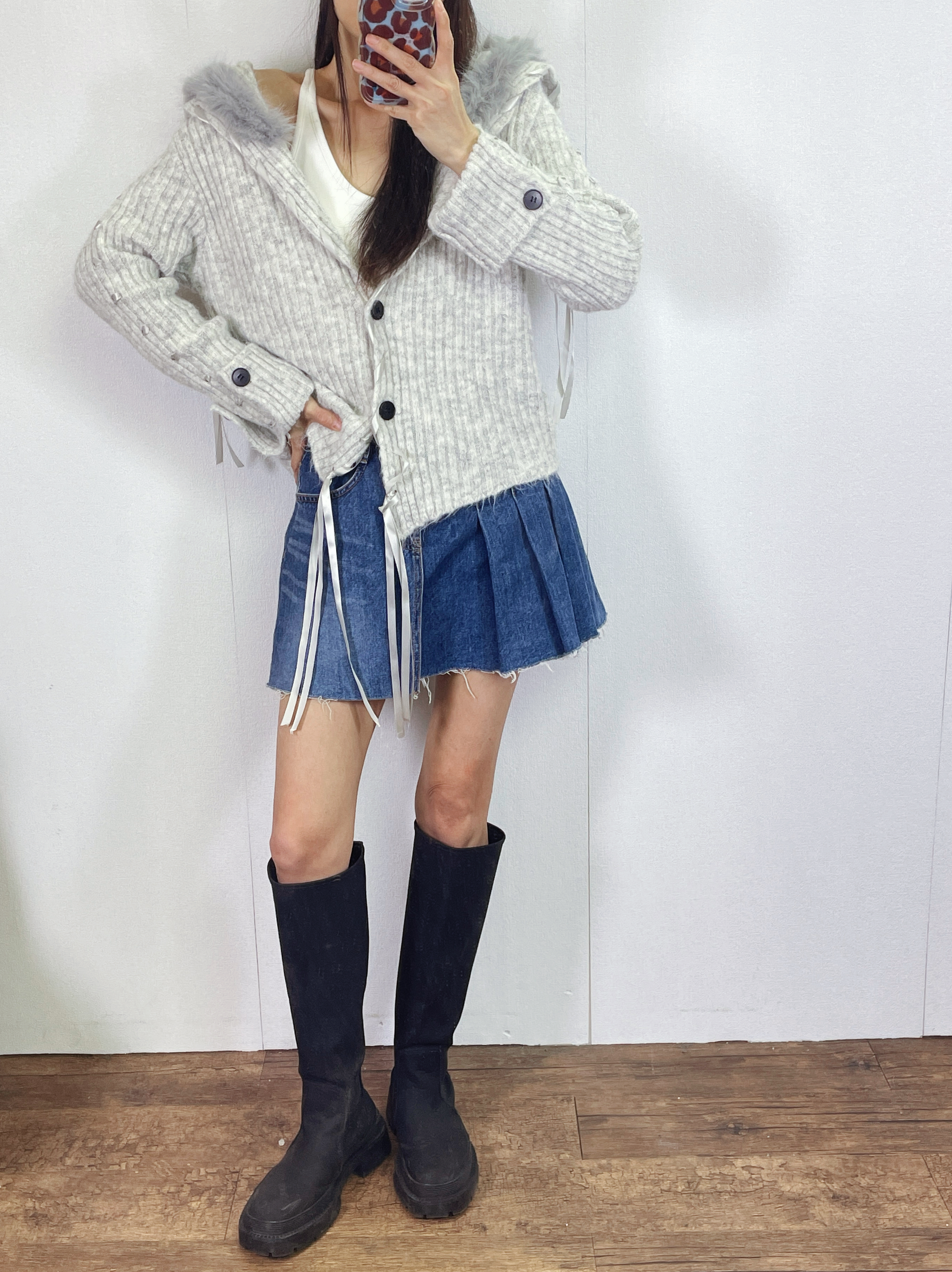 K5531 毛毛領拼絲帶針織外套