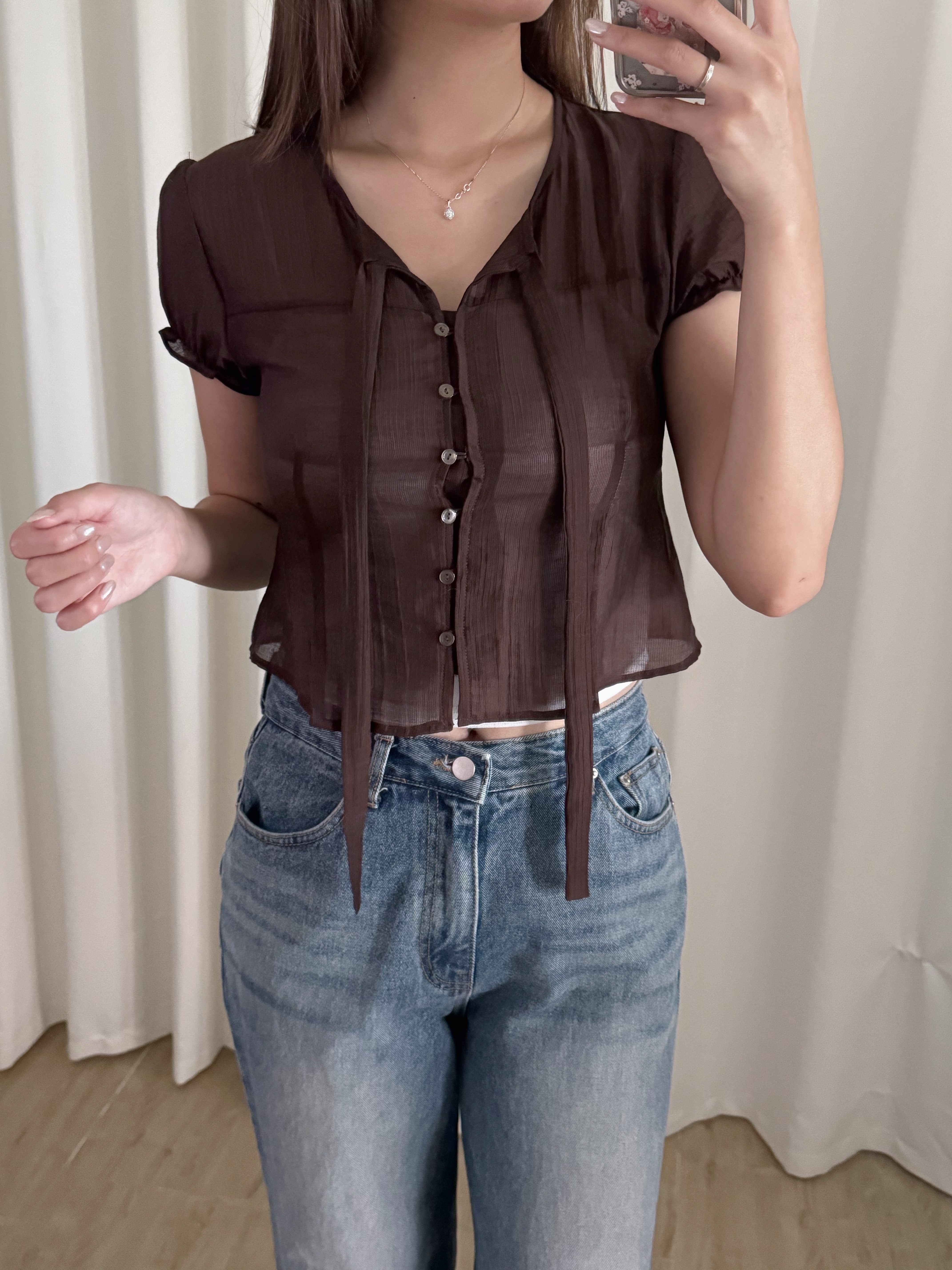 透薄綁帶微公主袖短袖上衣(三色入)