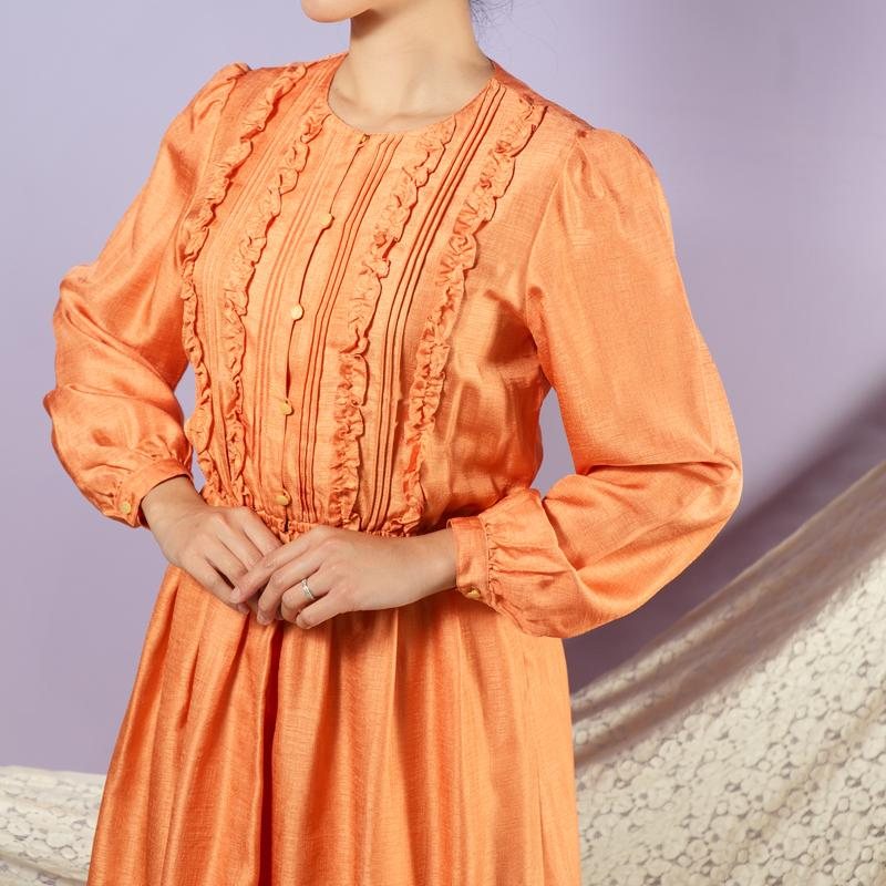 Vintage Japanese Gio Ruffle Front Orange Long Sleeved Dress(MT1608-107)