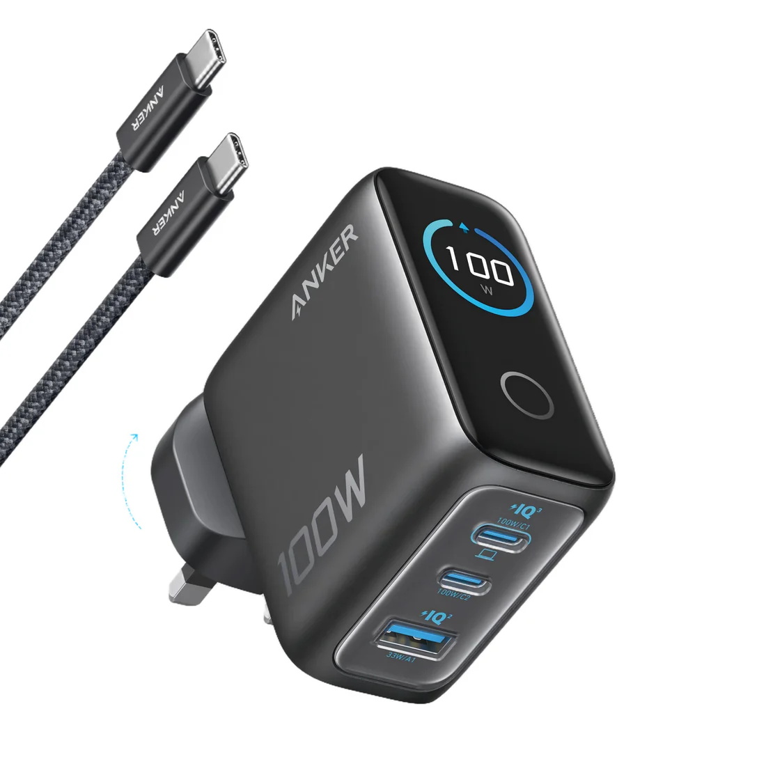 Anker 充電器(100W,3 個端口,智慧顯示器)3輸出牆插充電器連 USB-C 充電線 Charger 100W, 3 Ports, Smart Display 3-Output