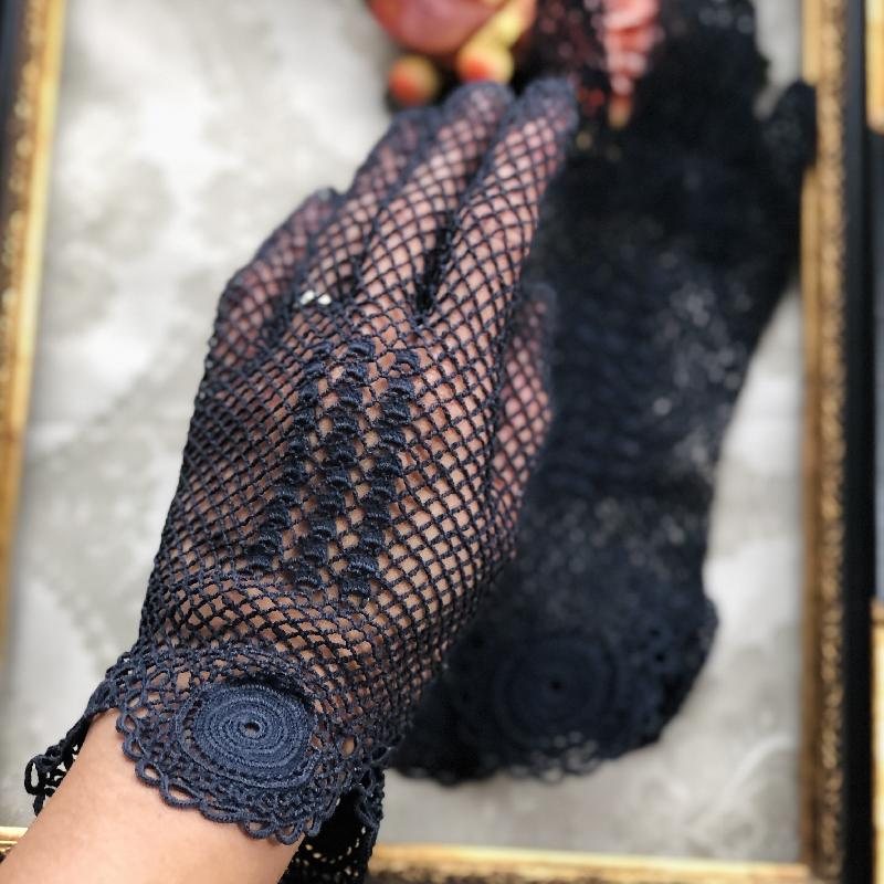 RARE! Vintage Pre-1950s Midnight Blue Hand-Crocheted Rose Trimmed and Square Motif Pattern Gloves (MT1916)