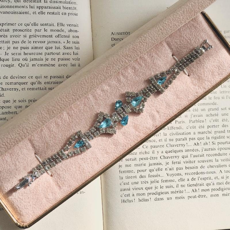 Vintage Mid-century Aqua and Clear Rhinestone Sparkling Evening Bracelet - 7" (MT1963-3)