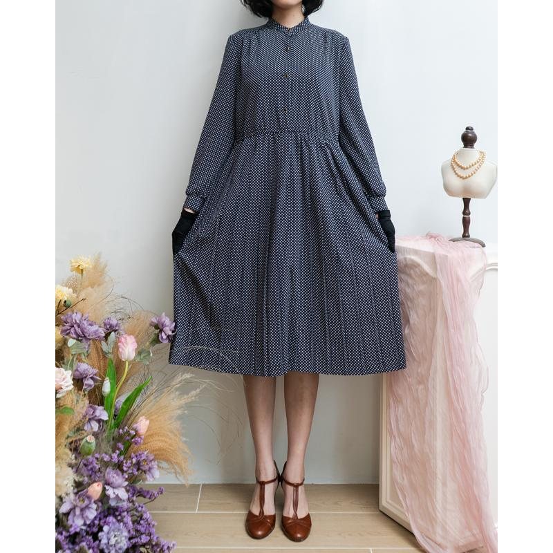 Vintage Japanese Ronshoin Polka Dot High Collar Button Up Pleated Dress(MT1608-94)