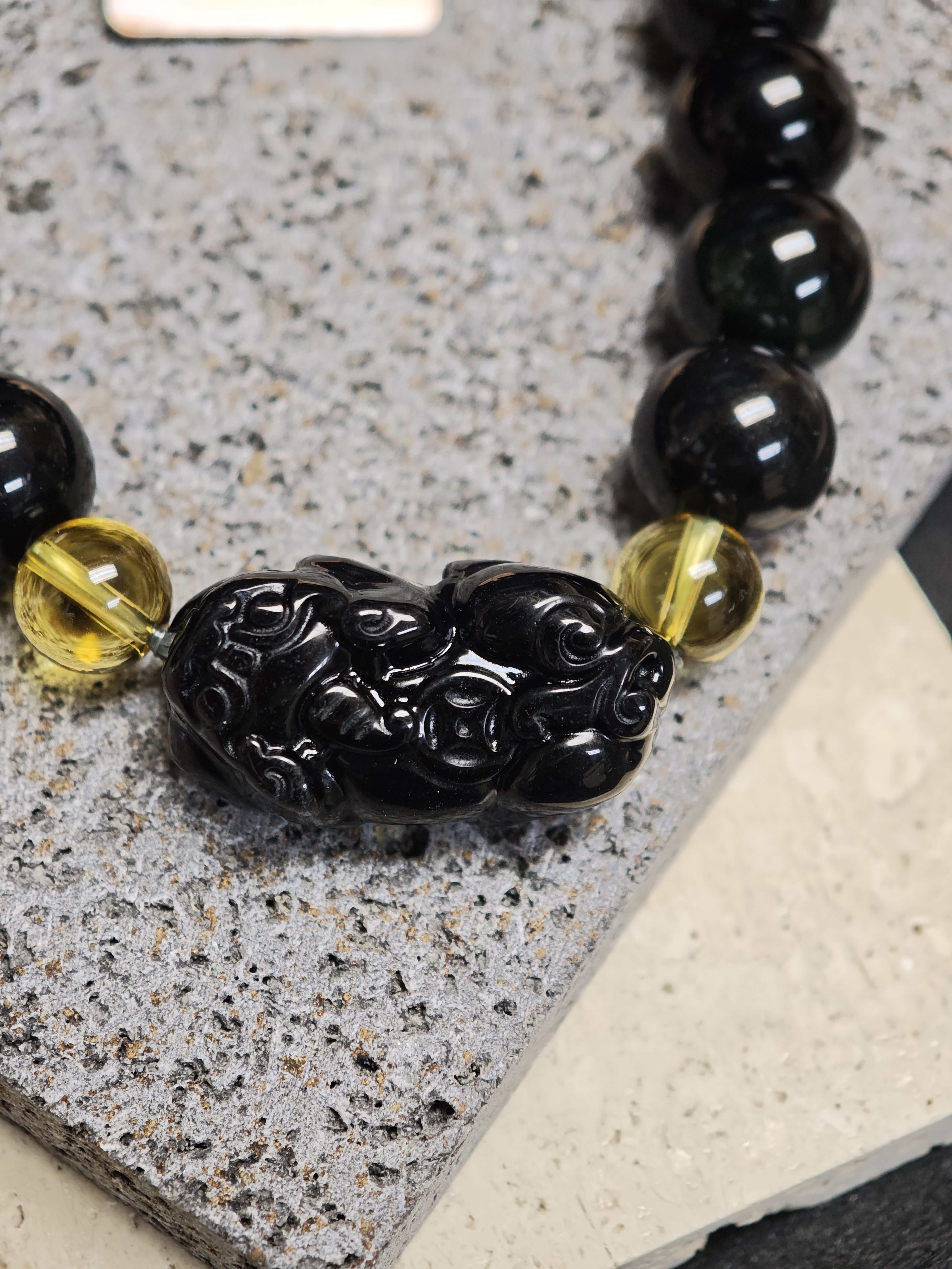 ✨新品DIY水晶手串✨✨♠️黑曜石貔貅✨黃水晶✨🟡黃虎眼石✨⚫黑曜石