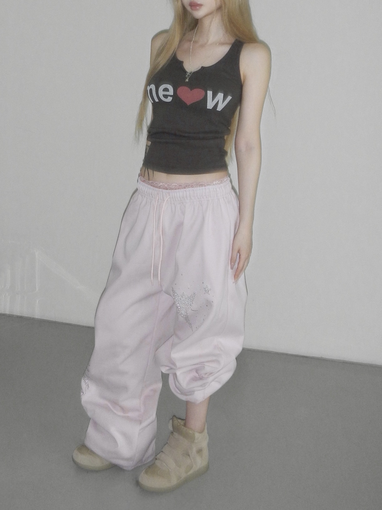 Rhinestone Graphic Wide-Leg Pants