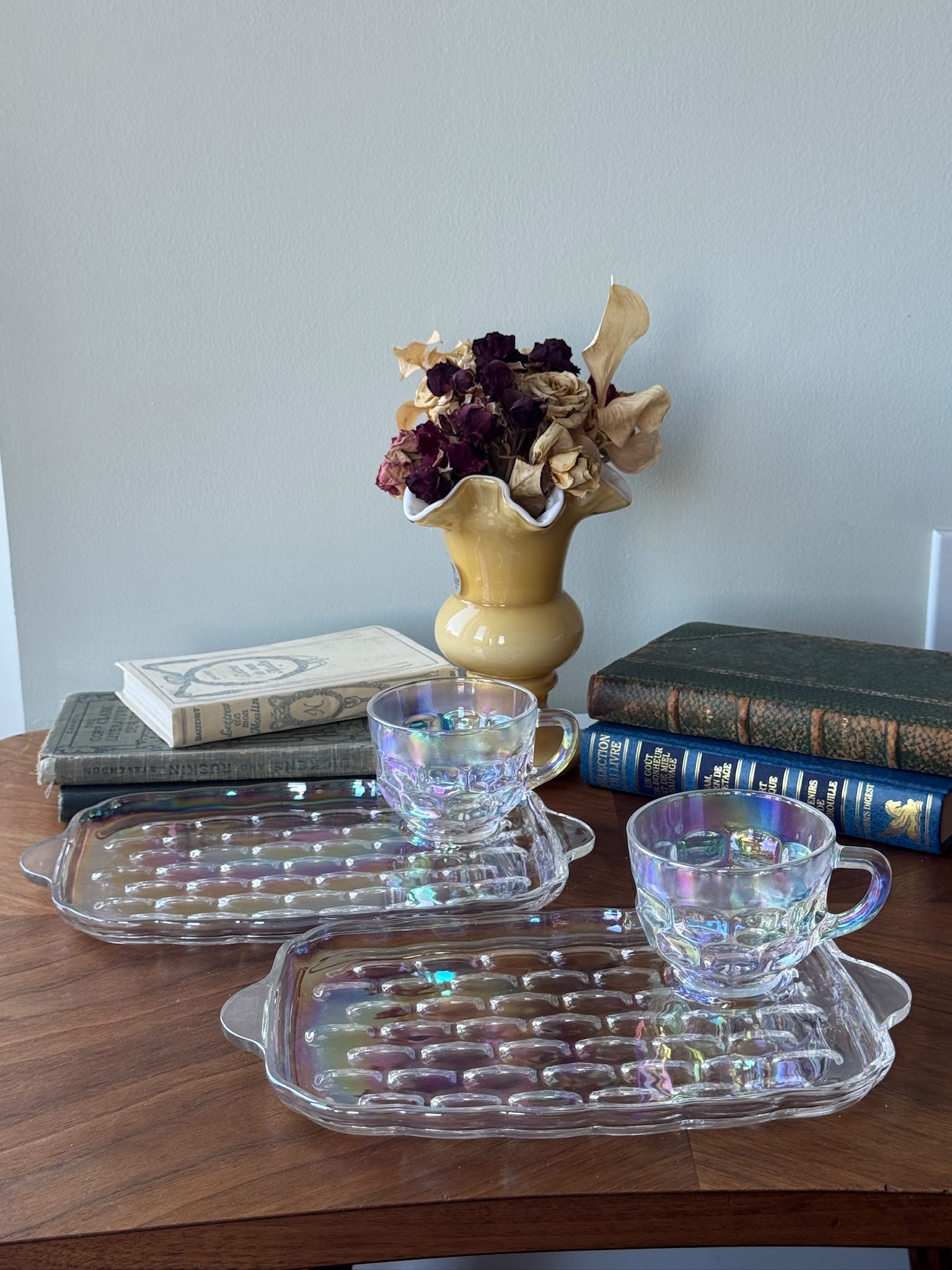 Vintage C.a. 1960s USA Federal Glass Yorktown “Thumbprint” Iridescent Snack Set -2 Sets  (MT2641)