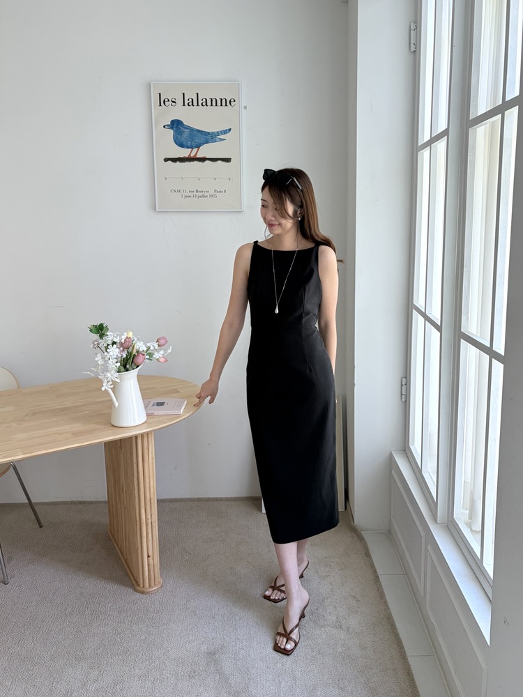 Linen Blend Twisted Strap Dress (Black)