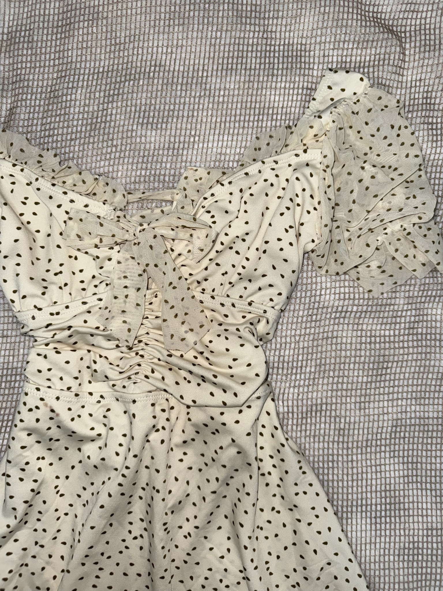 Polka Dot Ruched Bustier Dress with Mesh Sleeves