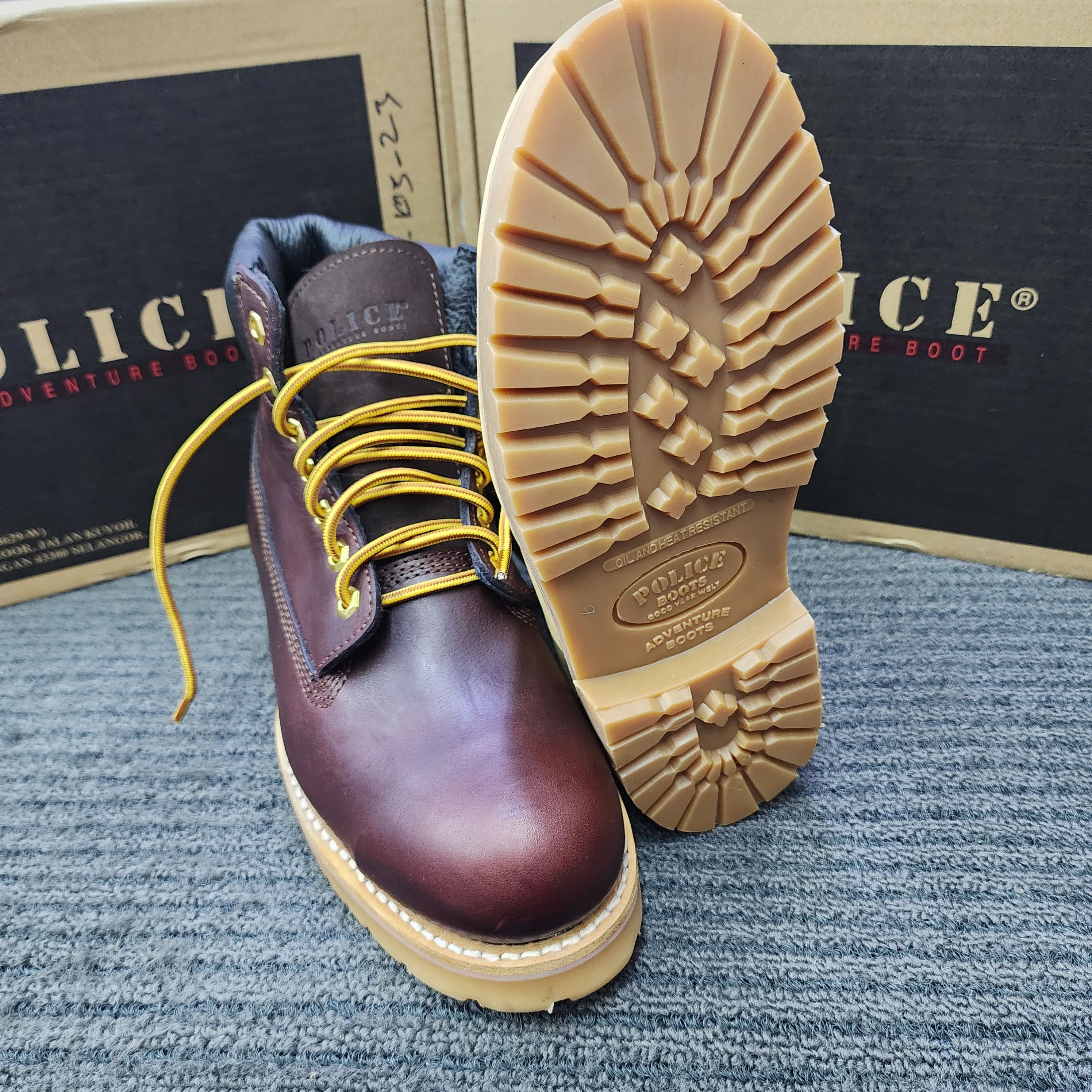 POLICE SAFETY SHOES 90528 MID CUT LACE CAMEL MAROON ORIGINAL KASUT KESELAMATAN