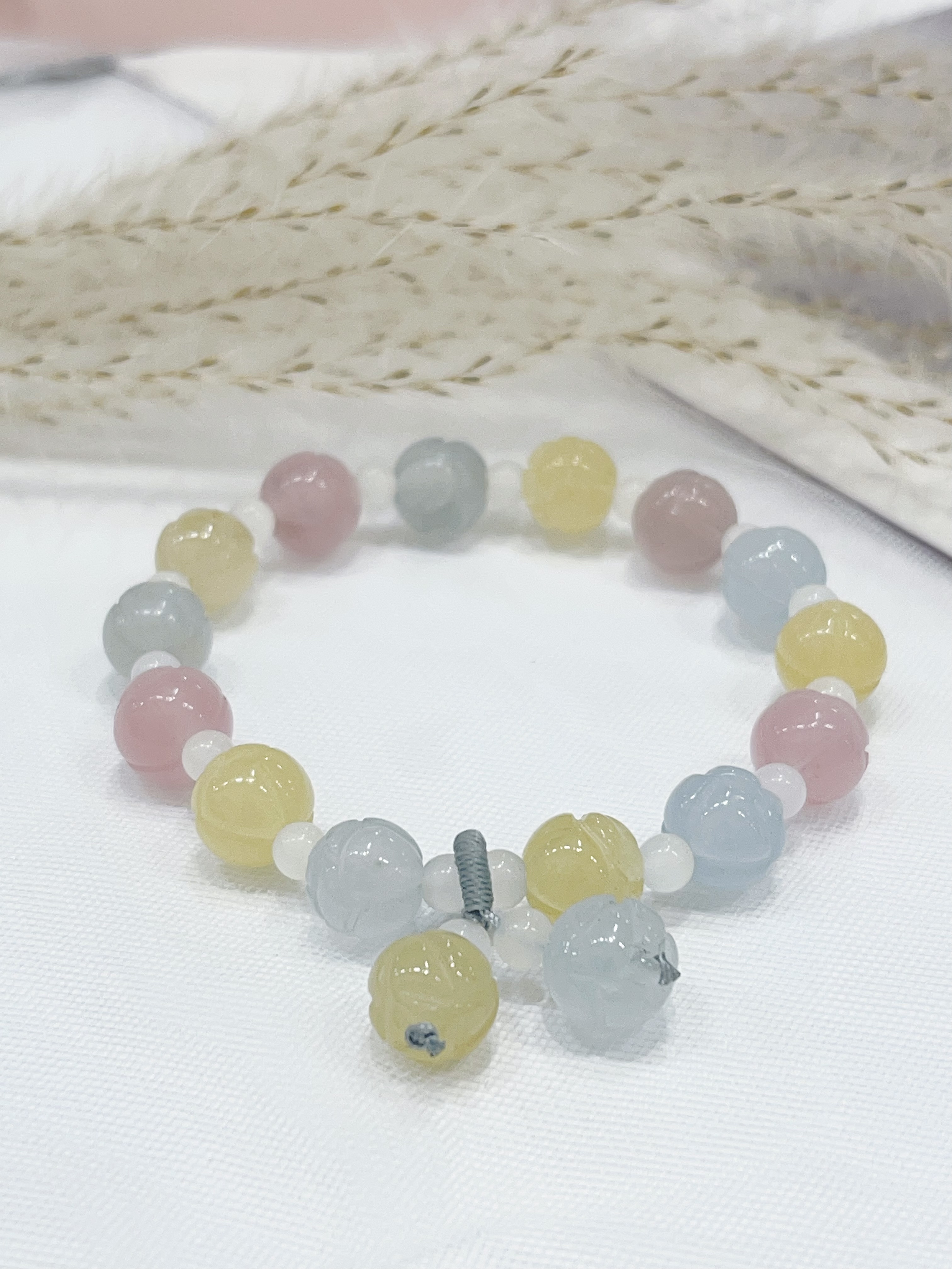 🌸 马卡龙金丝玉莲花手串 Macaron Golden Silk Jade Lotus Bracelet | 9mm